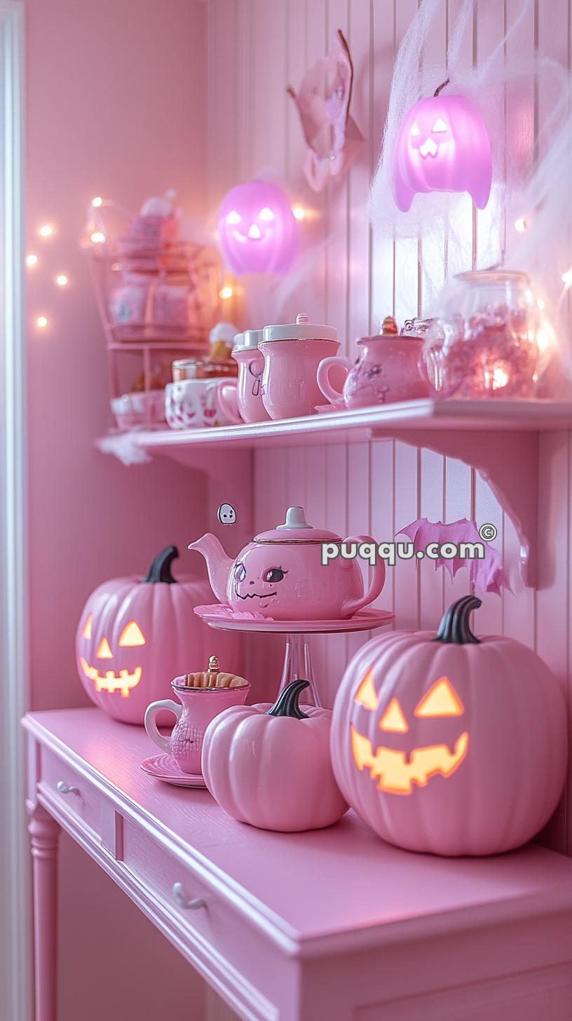 Pastel pink Halloween-themed kitchen setup with illuminated jack-o'-lanterns, pink teapots, and decorative lights.