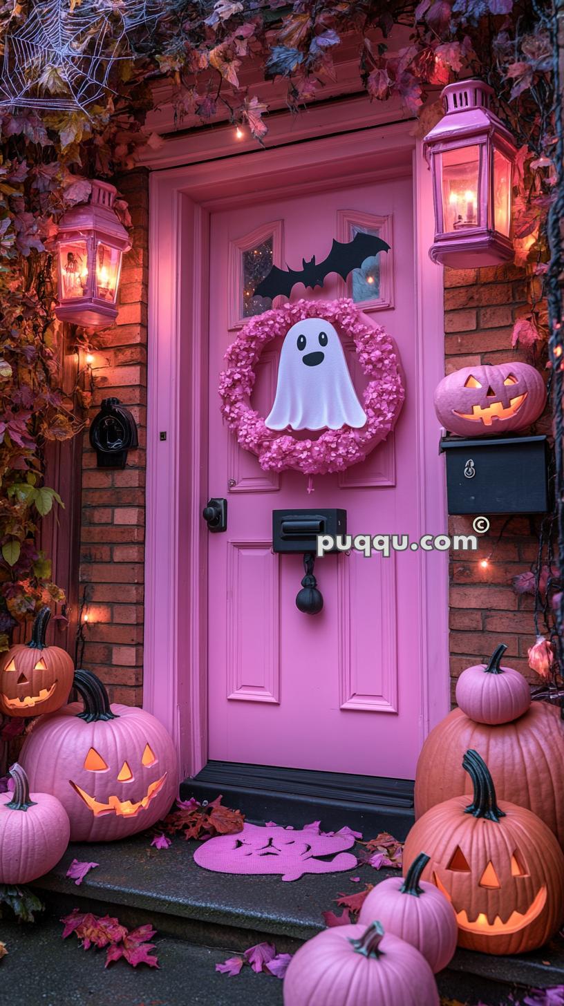 Pink Halloween-themed door with a ghost wreath, pink and orange jack-o'-lanterns, and pink lanterns against a brick wall with vines and cobwebs.