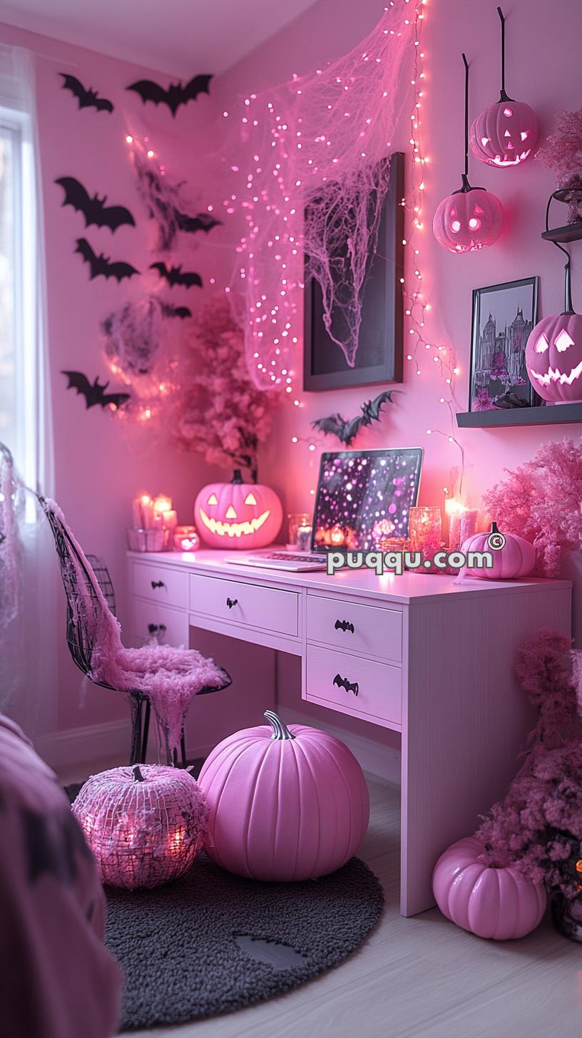 A pink-themed Halloween desk setup with various decorations, including hanging bats, illuminated cobwebs, and carved pumpkins with glowing faces. The desk holds a laptop displaying a pink-lit screen, surrounded by candles and pink Halloween props. The scene is lit with pink string lights, creating a festive and spooky ambiance.