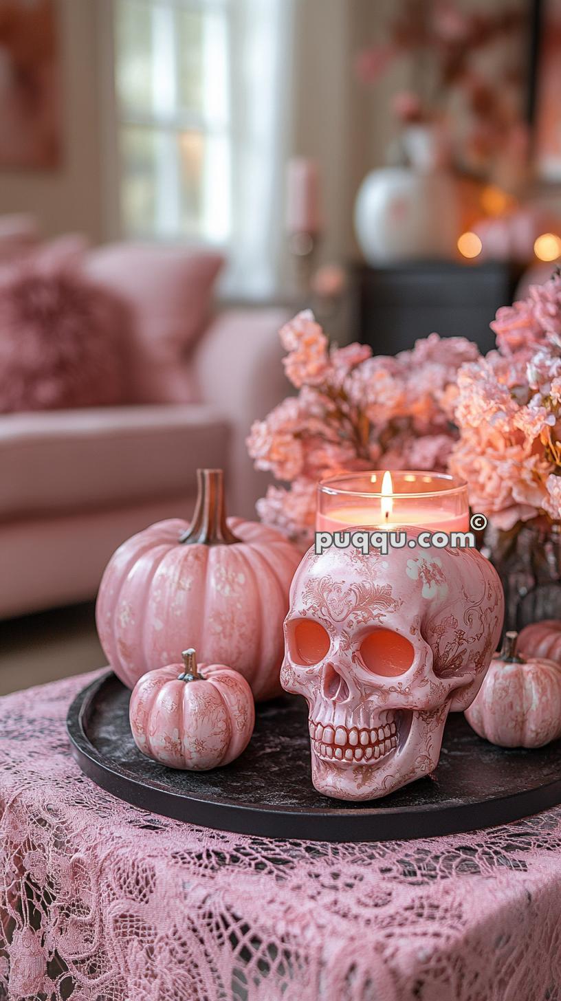 A decorative arrangement featuring pink pumpkins and a pink skull-shaped candle on a black tray, set on a lace-covered table with pink flowers in the background.