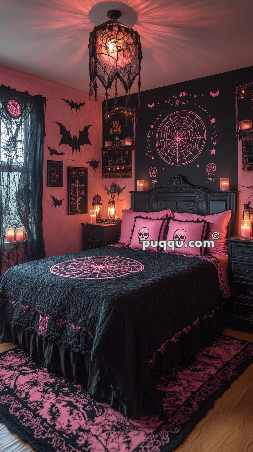 Gothic-themed bedroom with black and pink decor, featuring a bed with skull and spider web designs, bat wall art, candle lighting, and a chandelier with a vintage look.