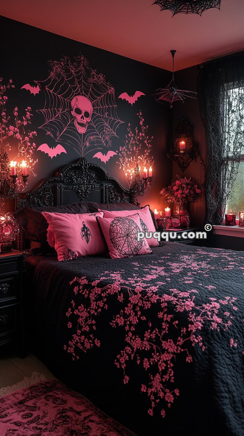 A gothic-themed bedroom decorated in black and pink with skull and bat designs on the walls, a black ornate bed frame, pink pillows and a bedspread with pink floral embroidery, lit candelabras, and a window draped with black lace curtains.