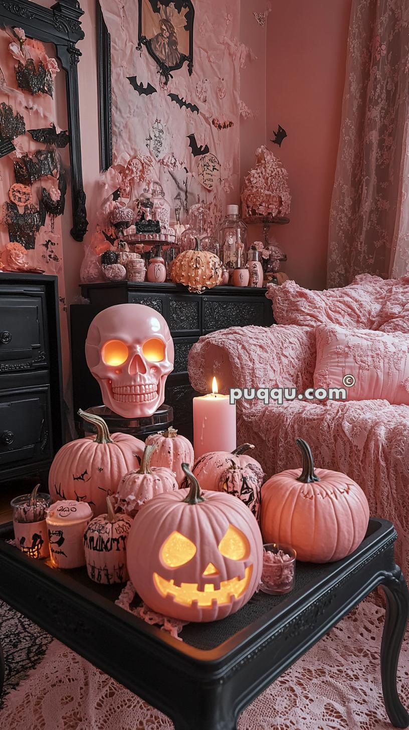 Room with pink Halloween decorations, including carved pumpkins and a glowing skull on a small black table, black and pink furnishings, candle, and bat cutouts on the wall.