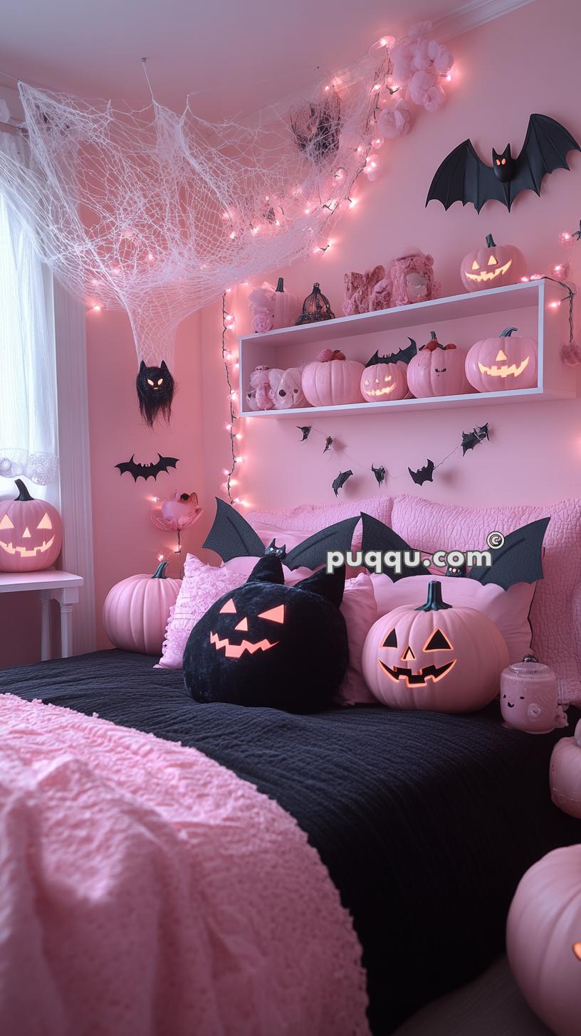 A pink-themed bedroom decorated for Halloween with pink pumpkins, black bats, spider webs, soft pink lighting, and Halloween-themed plush toys on the bed.