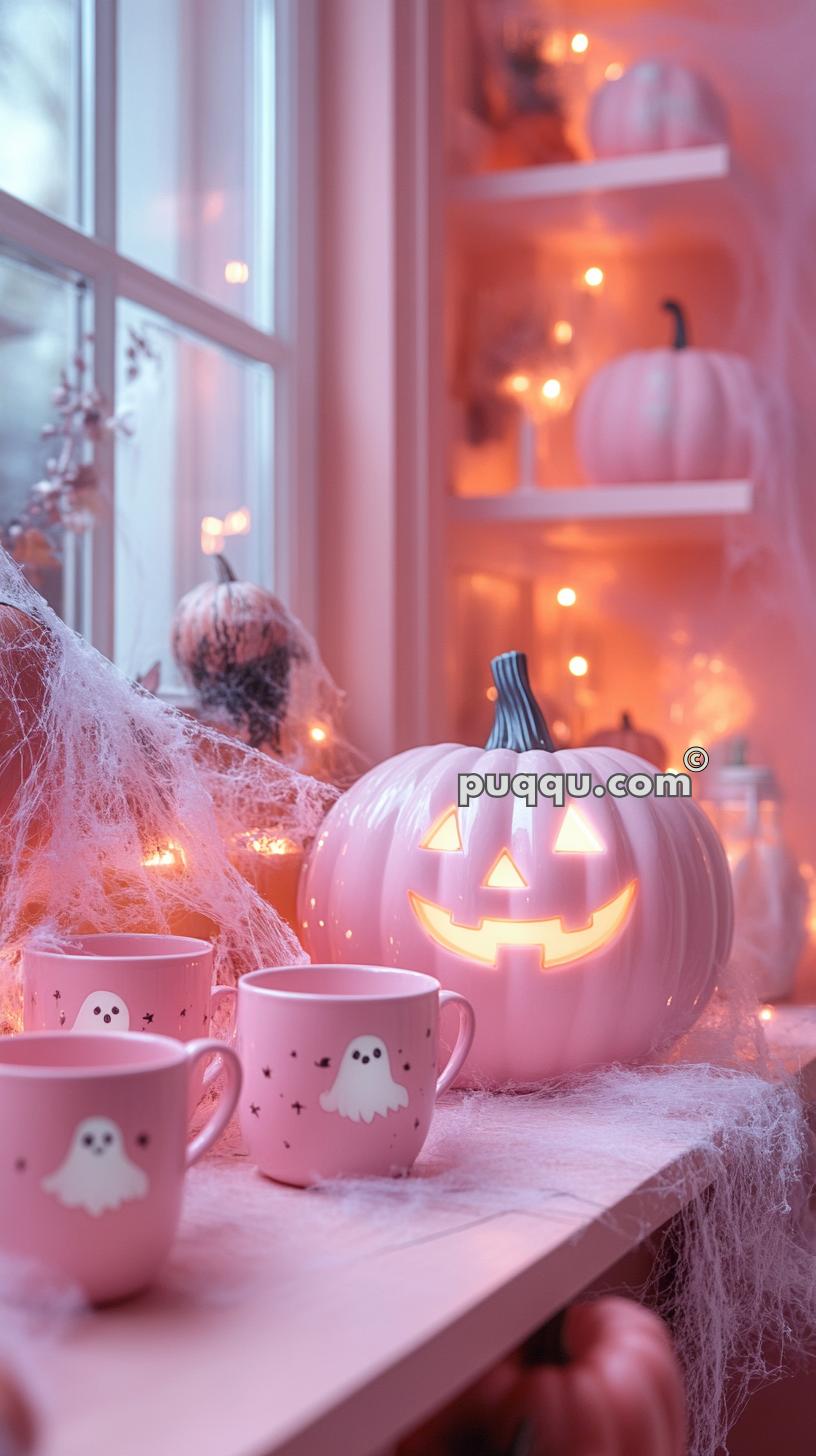 Cozy Halloween-themed setup with pink decor, including a glowing jack-o'-lantern, ghost-themed mugs, and spiderwebs, on a table by the window.