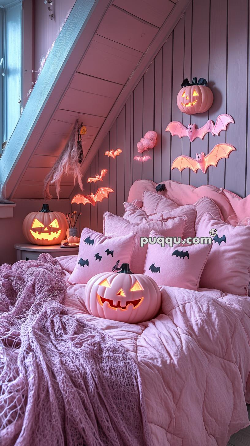 A cozy attic bedroom decorated for Halloween in pastel pink tones, featuring lit jack-o'-lanterns, bat wall decorations, bat pillows, and a textured pink blanket.