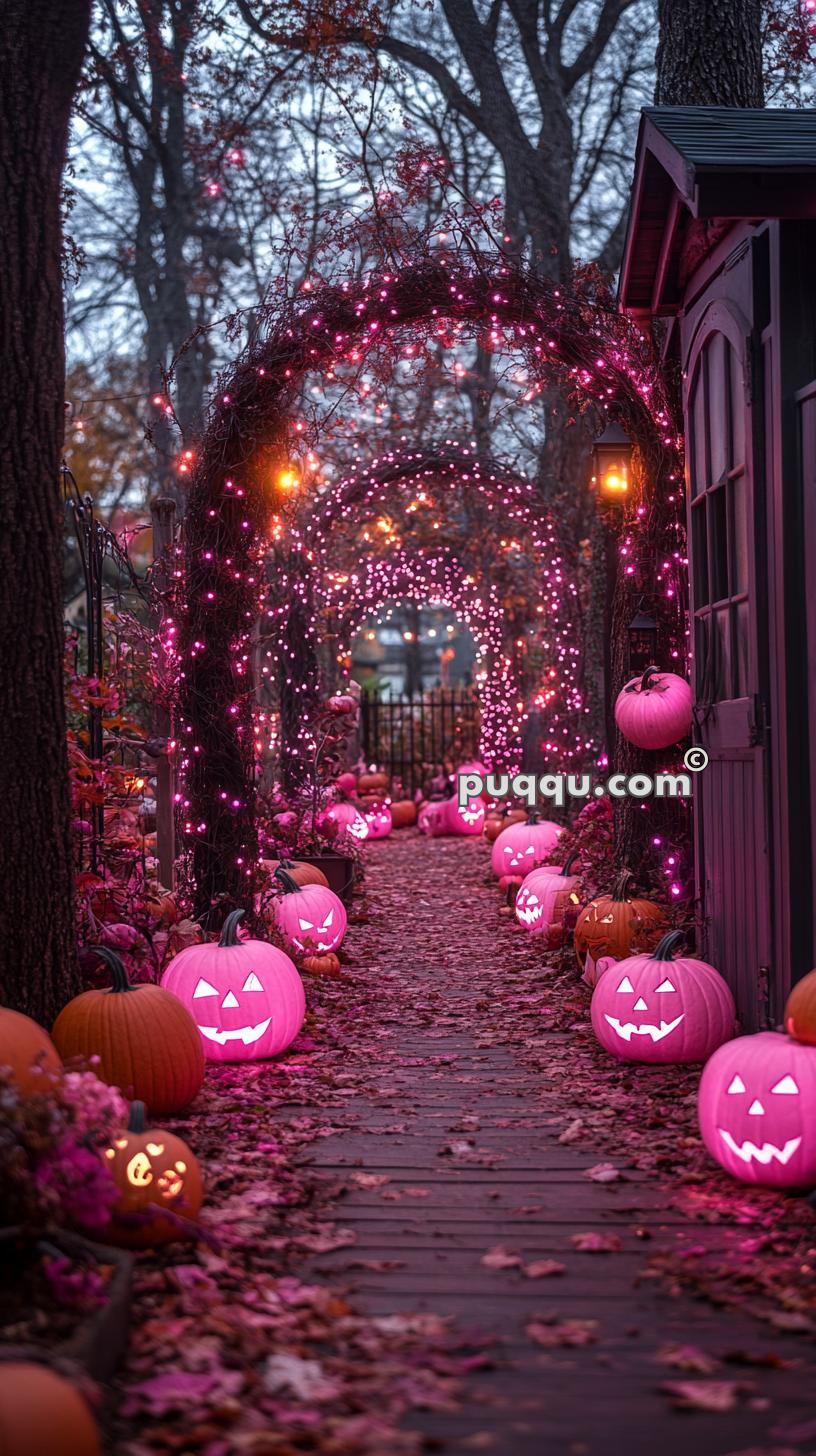 Woodland pathway lined with carved pumpkins glowing pink and arches decorated with pink fairy lights.