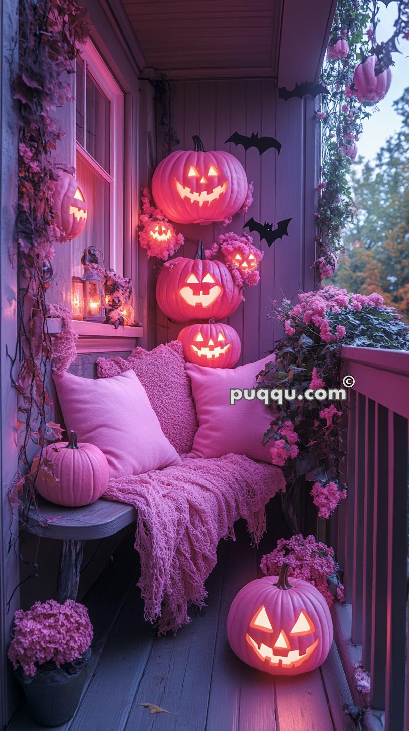 Cozy porch decorated for Halloween with various carved pumpkins lit from within, pink pillows, knitted blankets, potted flowers, and hanging bats.