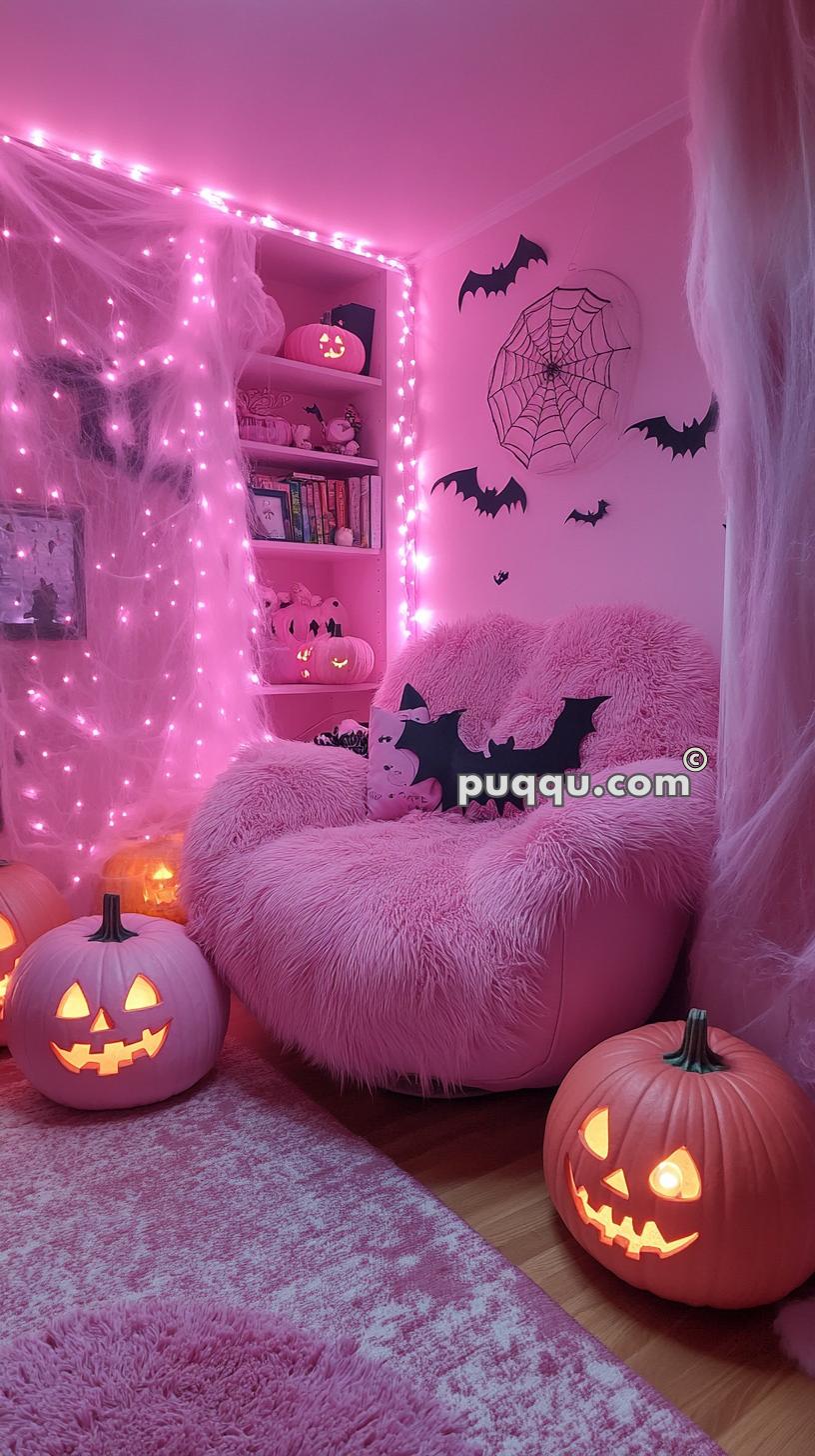 Room decorated for Halloween with pink lighting, a fluffy pink chair, jack-o'-lanterns, bat cutouts on the wall, a spider web, and purple light strings.