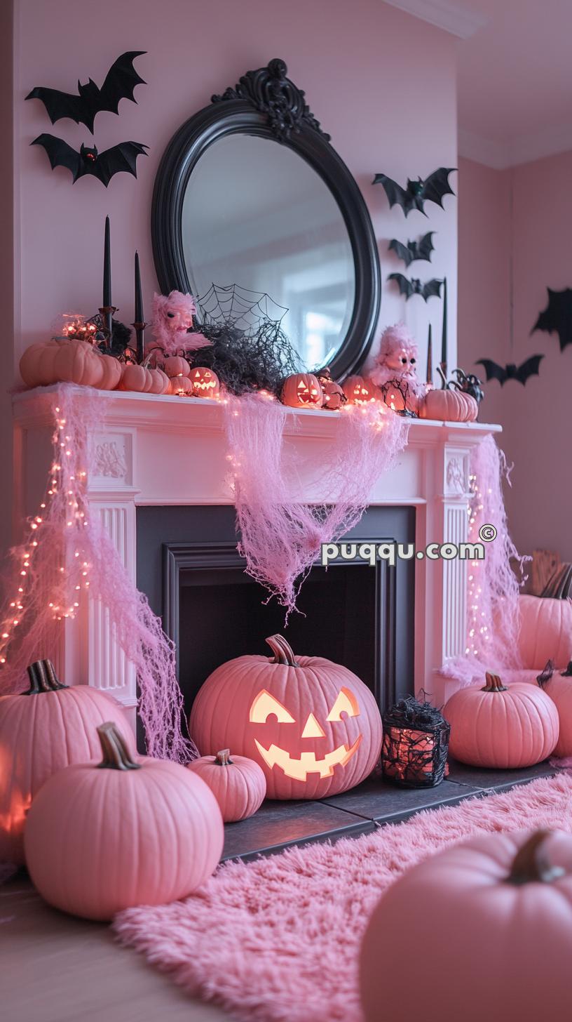Halloween-themed fireplace decorated with pink pumpkins, black bats, spider webs, and a glowing jack-o'-lantern.