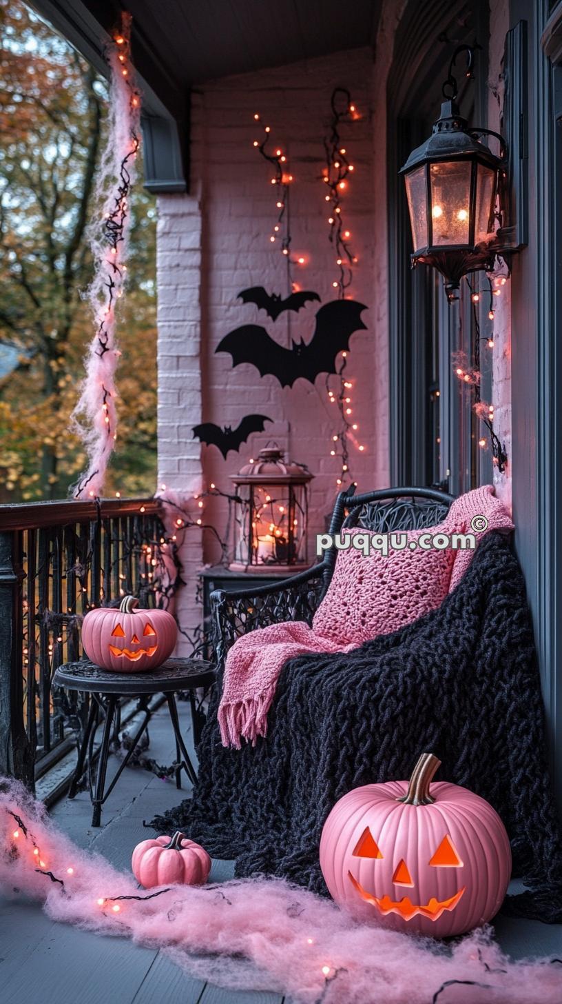 A cozy porch decorated for Halloween with pink jack-o'-lanterns, black bats on the walls, string lights, and cobwebs. A black chair is draped with a pink blanket.