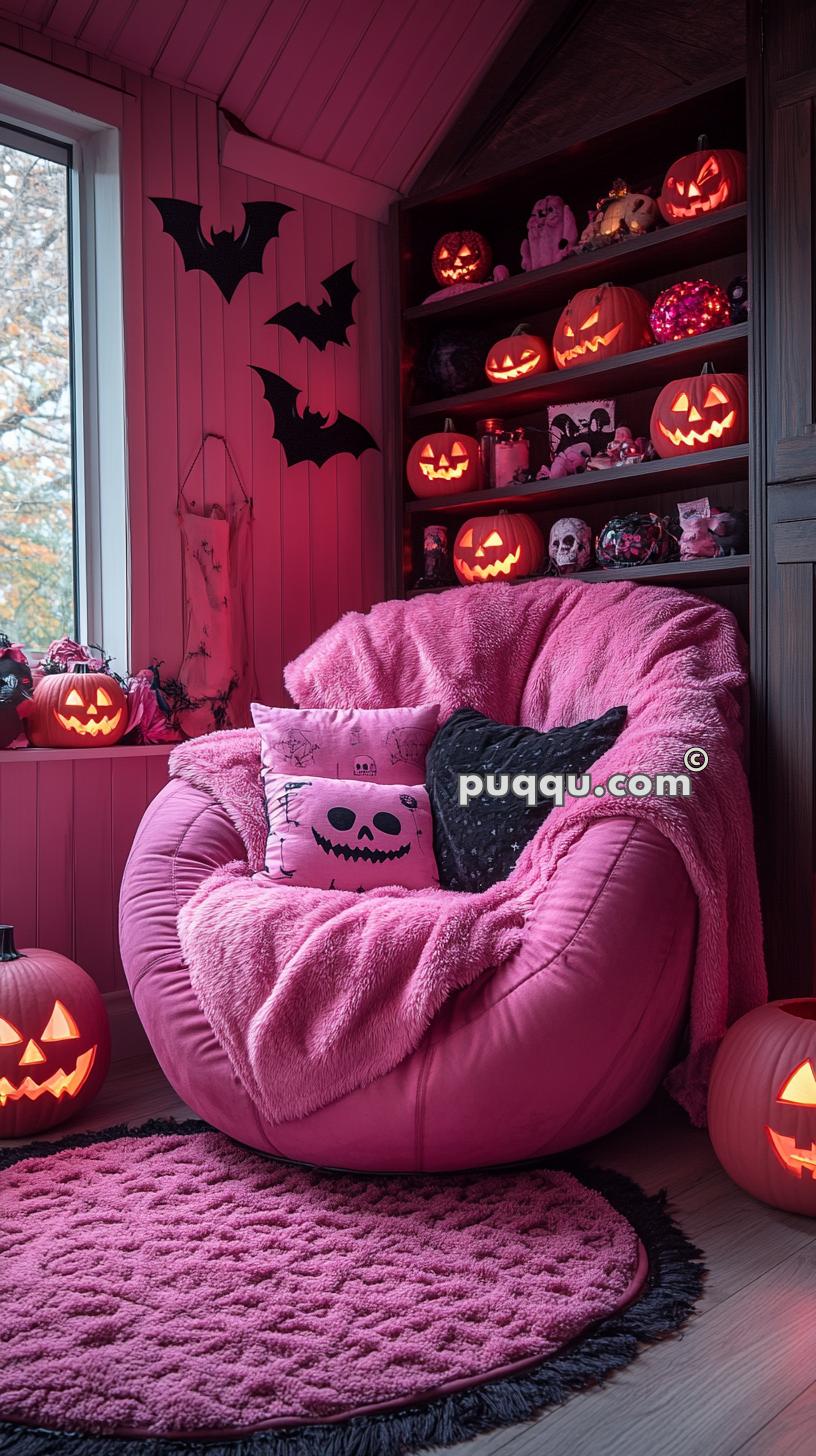 Cozy corner with a pink theme, featuring a round pink chair with matching pillows, a pink rug, and Halloween decorations including jack-o'-lanterns, bats on the wall, and various Halloween-themed items on shelves.