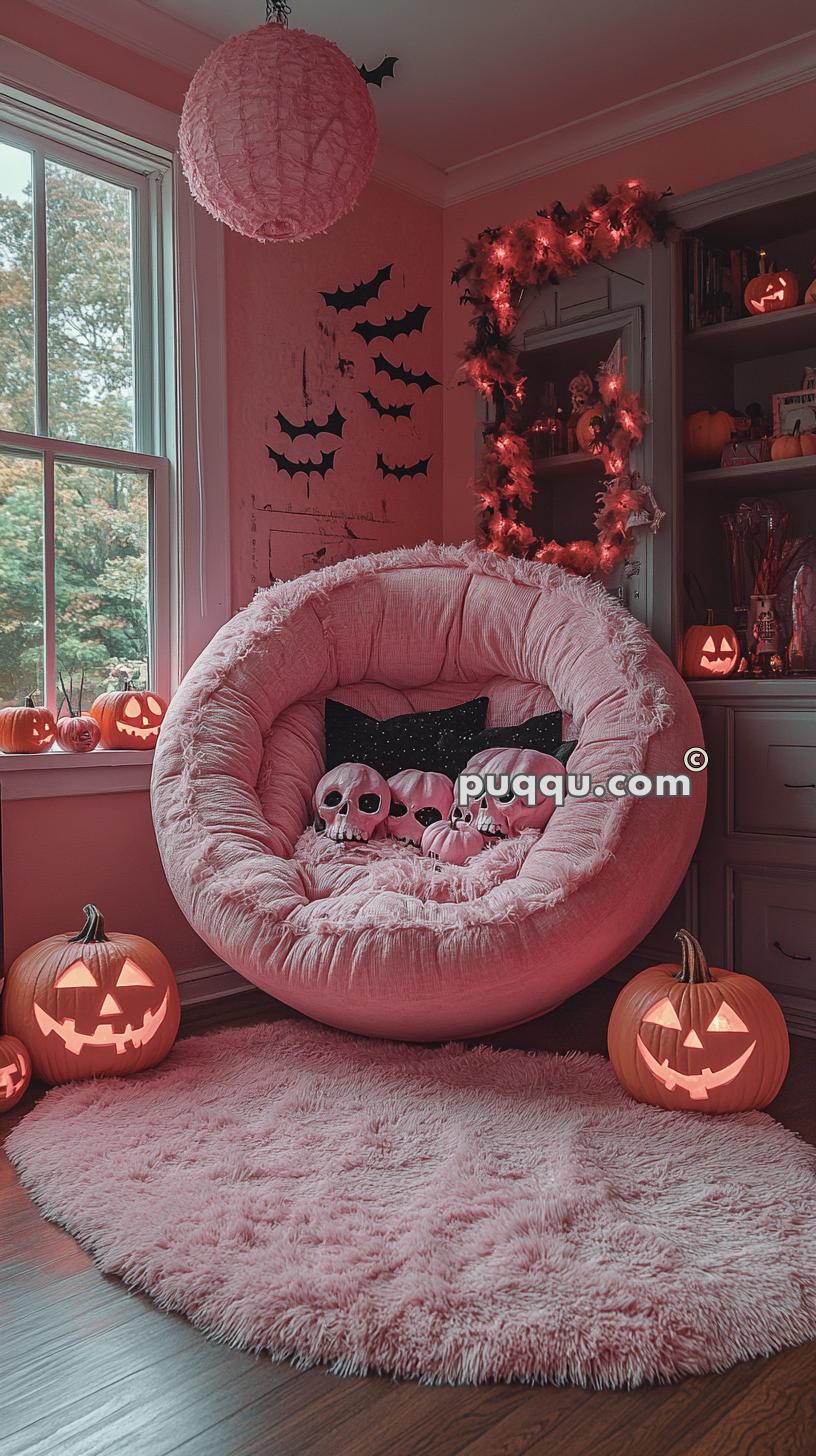 Cozy pink-themed room decorated with Halloween elements, including a fluffy pink rug, pink cushioned chair, jack-o'-lanterns, bat stickers, and small skull decorations.