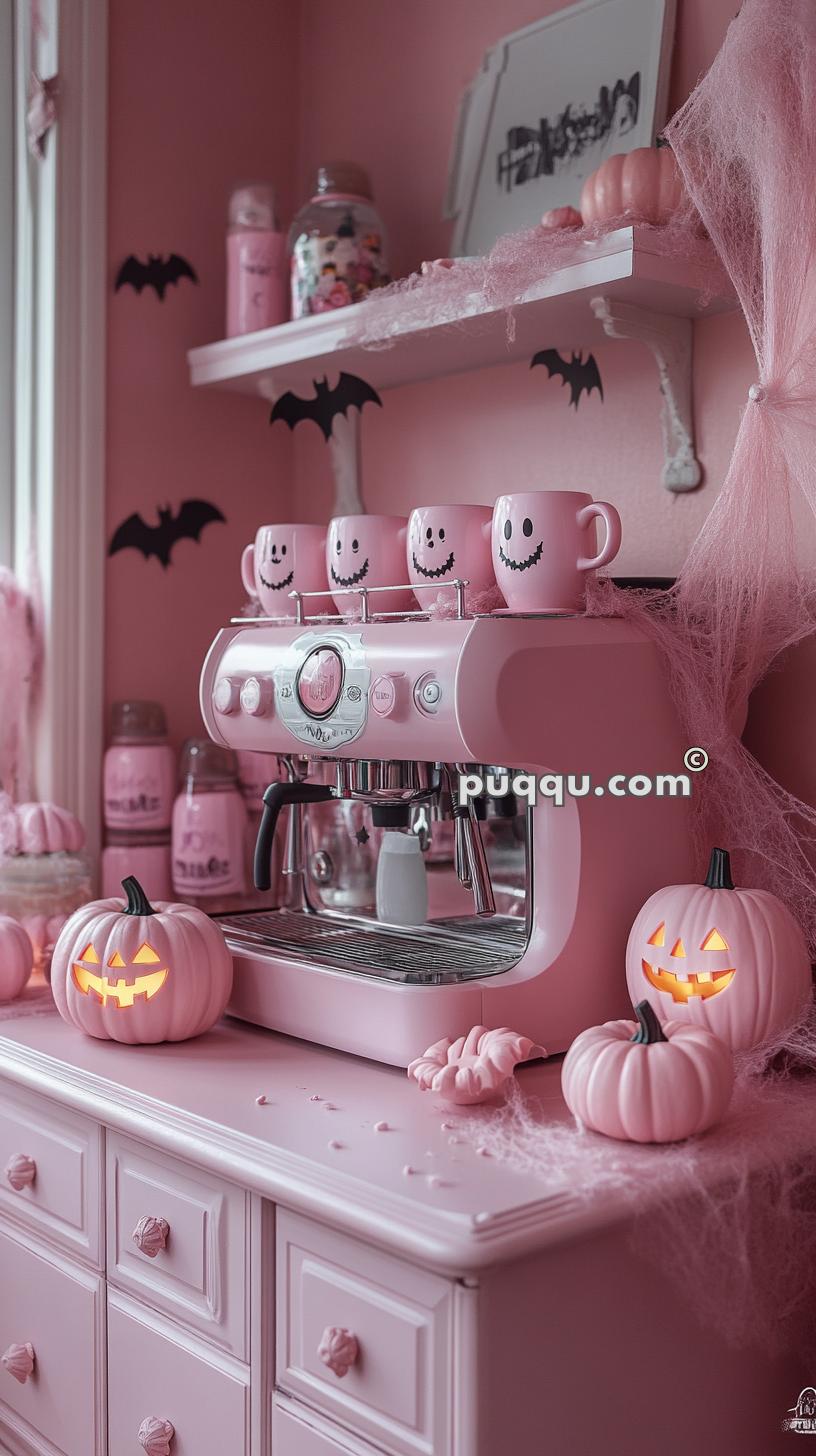 Halloween-themed pink coffee station with a pink espresso machine, smiley face mugs, and pink carved pumpkins with glowing faces. The scene includes pink cobwebs and black bat decorations.