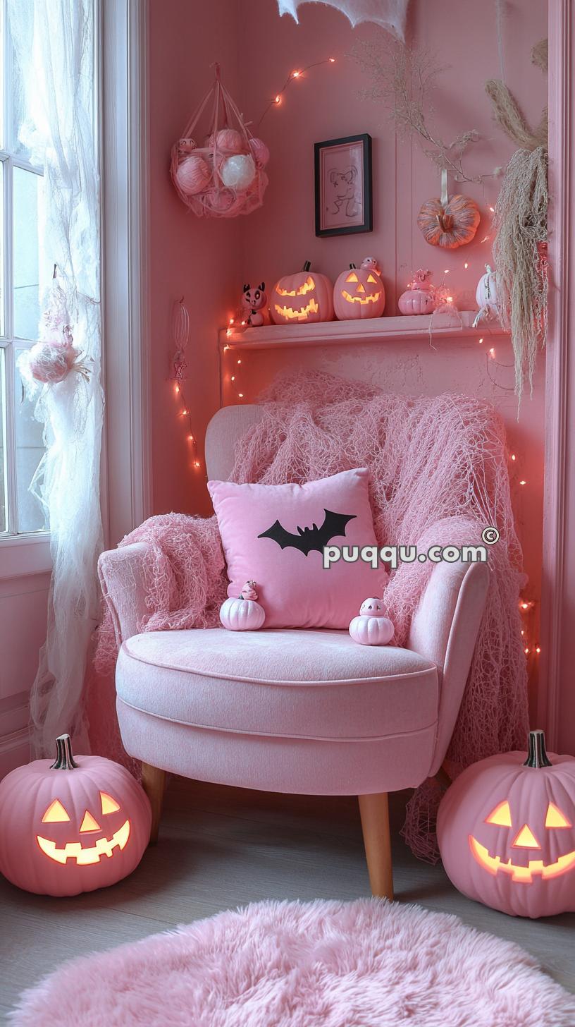Pink Halloween-themed room with a pink armchair, a pink bat pillow, pink pumpkins, pink jack-o'-lanterns, and pink decor.