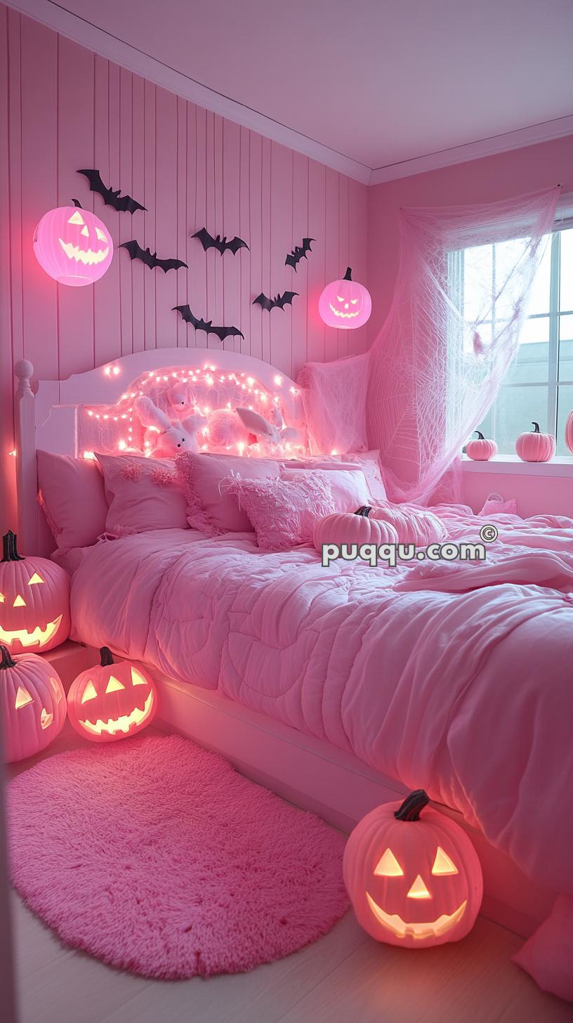 Pink-themed bedroom with Halloween decorations including glowing pink jack-o'-lanterns, bats on the wall, and spider webs.