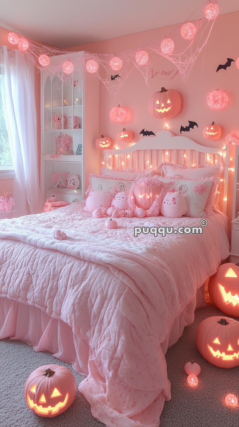 Pink-themed Halloween-decorated bedroom with pink jack-o'-lanterns, spiderweb string lights, and plush toys on the bed.