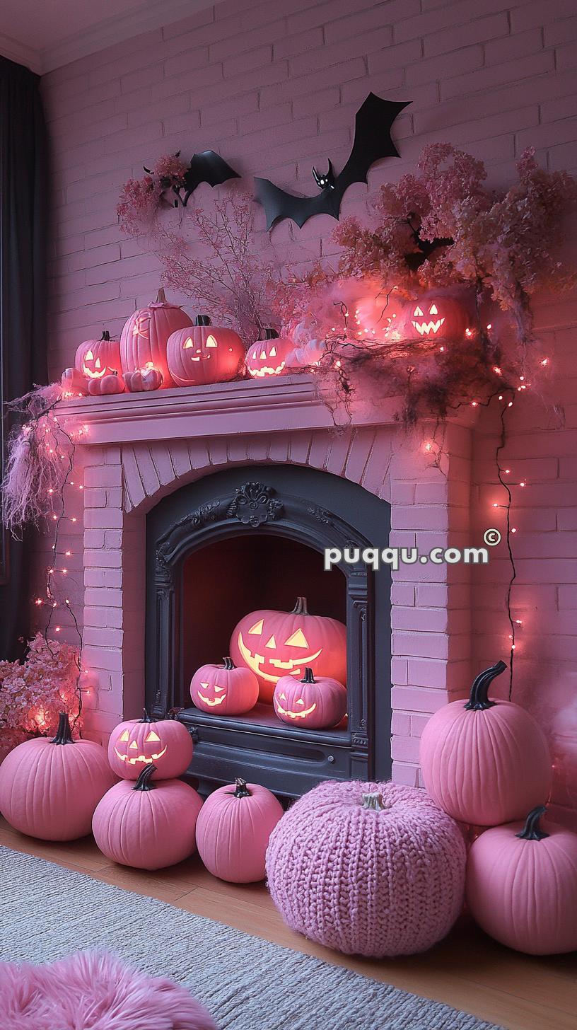 Halloween-themed living room with pink pumpkins, jack-o'-lanterns, bats, and Halloween decorations on and around a pink-painted fireplace.