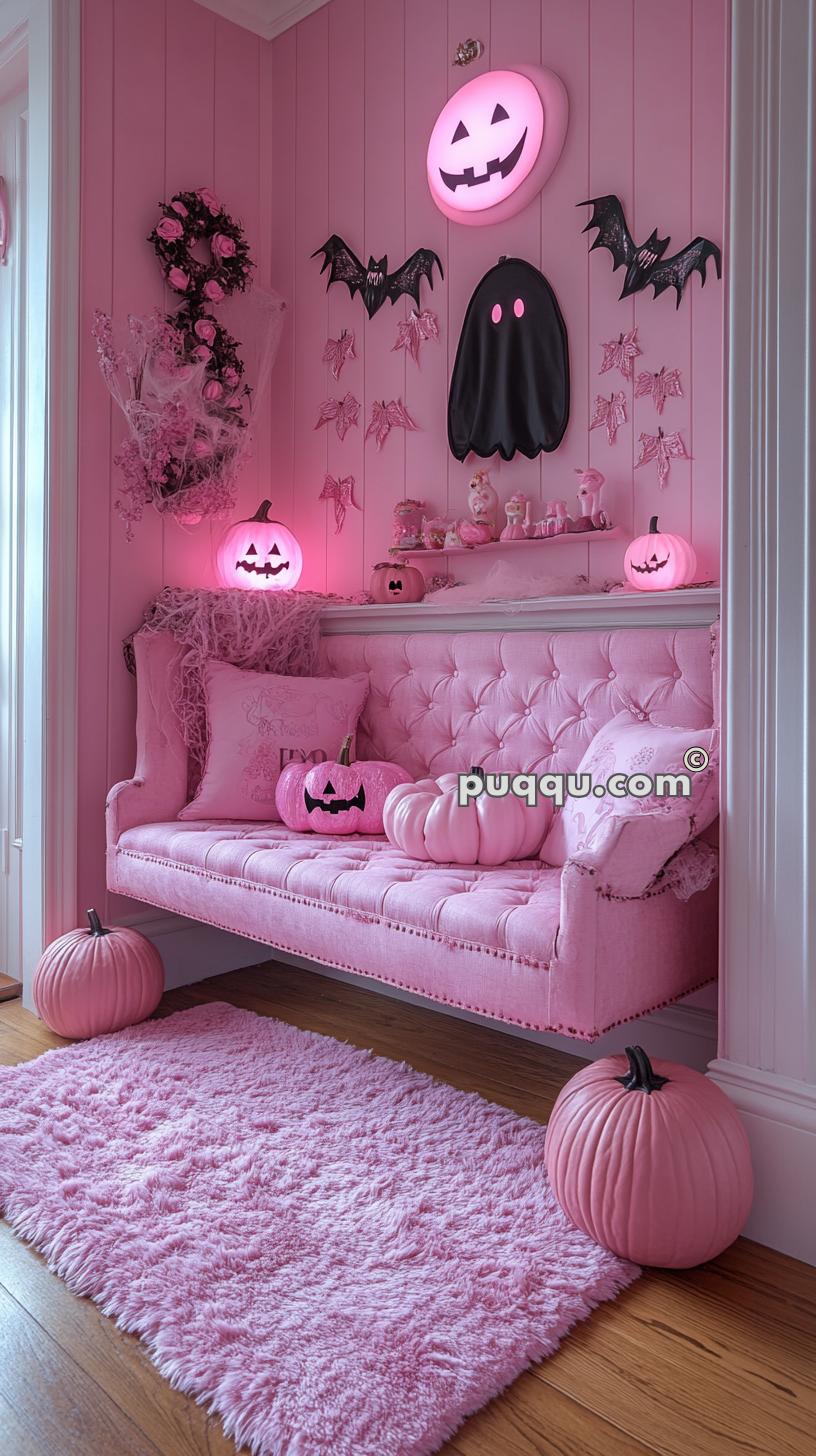 Pink-themed Halloween decor featuring a tufted pink sofa adorned with pink jack-o'-lantern pillows, a fuzzy pink rug, and various pink and black Halloween decorations including bats, pumpkins, and a ghost on the wall.