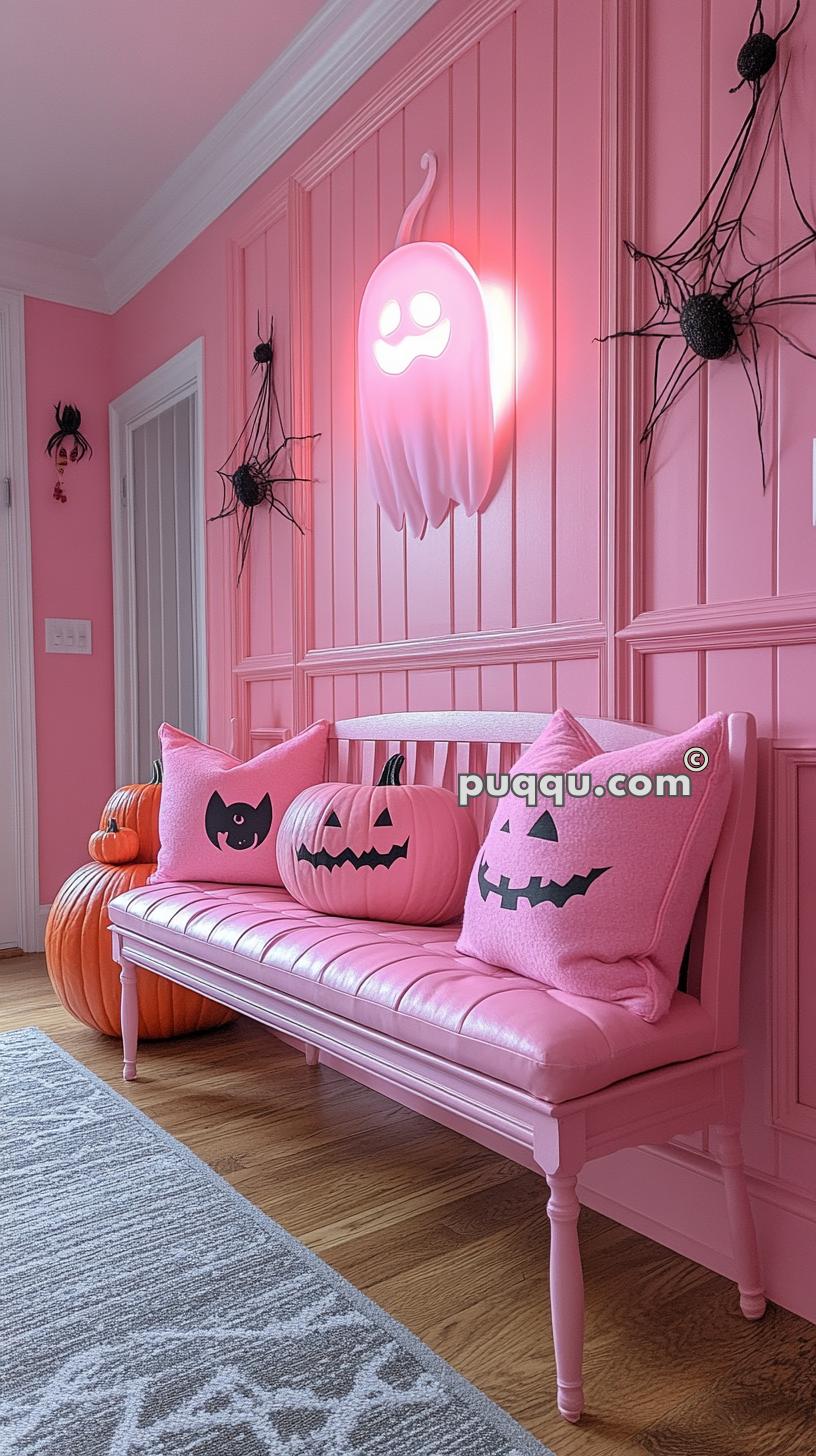 Pink Halloween-themed room with a pink bench, pink pumpkins, pink pillows with bat and jack-o-lantern faces, a glowing ghost wall light, spider decorations, and a patterned rug on a wooden floor.