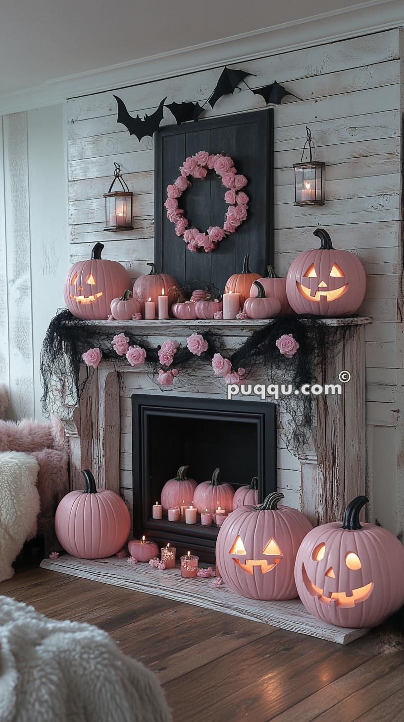 A cozy Halloween-themed fireplace decorated with pink pumpkins, candles, black netting, pink roses, a pink flower wreath, and black paper bats.