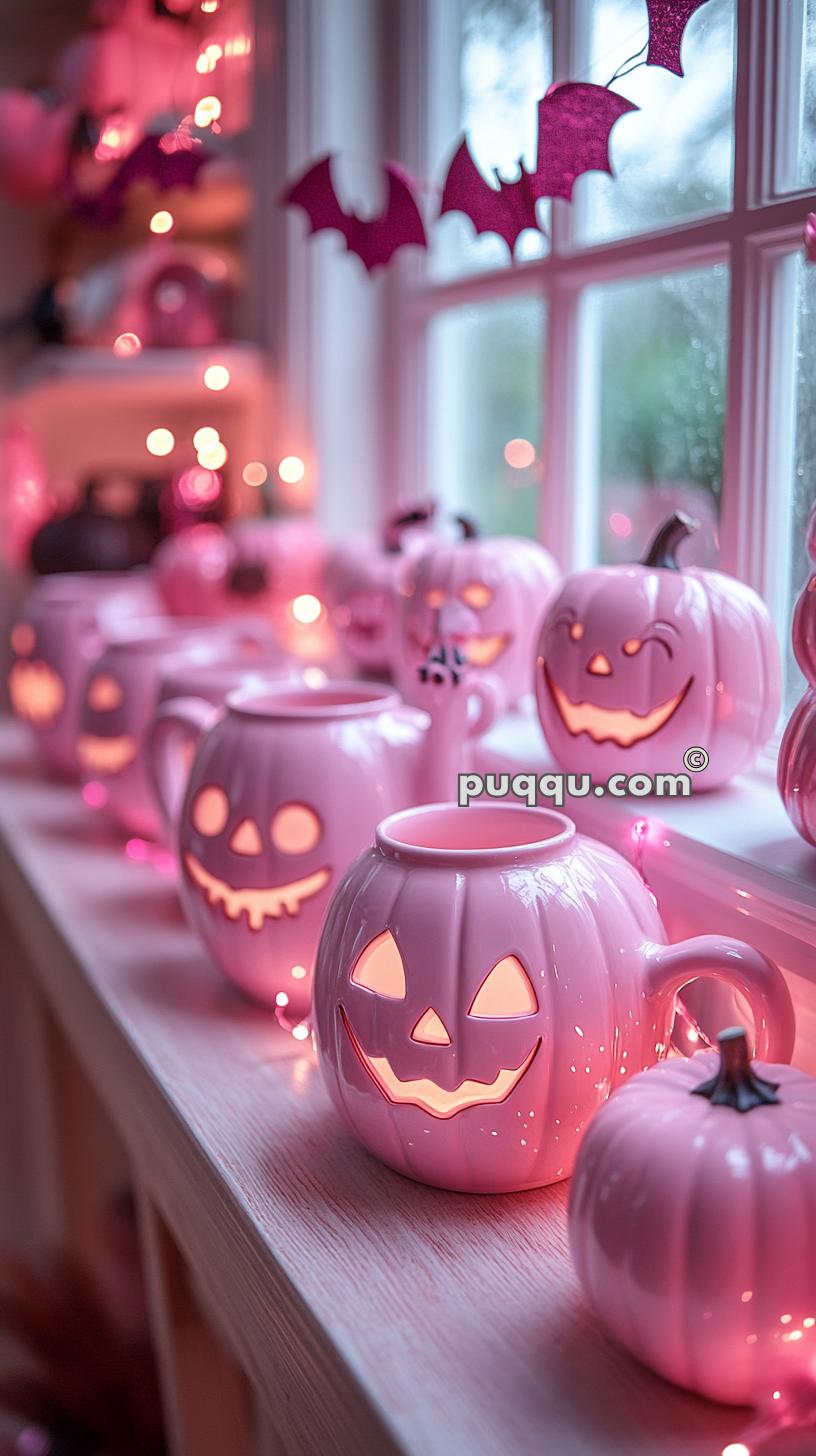 Pink Halloween jack-o-lantern decorations with glowing lights on a windowsill, accompanied by hanging bat shapes.