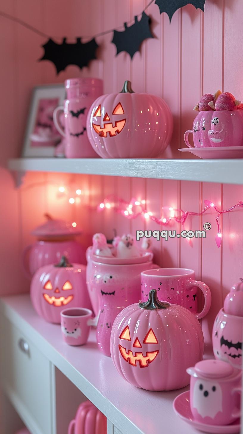 Shelves decorated with pink Halloween-themed items including jack-o'-lanterns, mugs with ghost and bat designs, and string lights on a pink background.