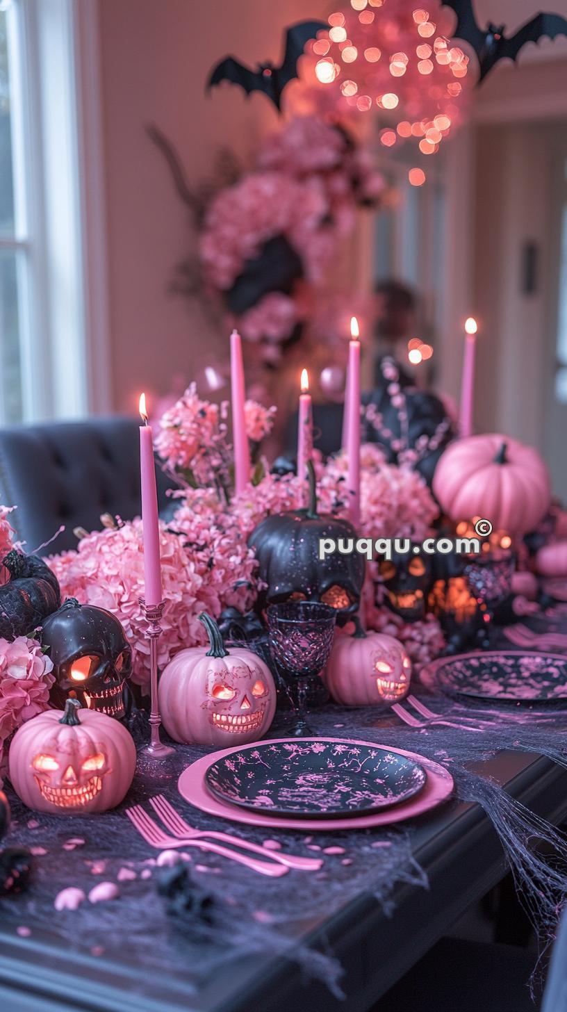A Halloween-themed table setting featuring black and pink pumpkins with carved faces, pink candles, floral arrangements, black and pink dinnerware, and decorative bats.