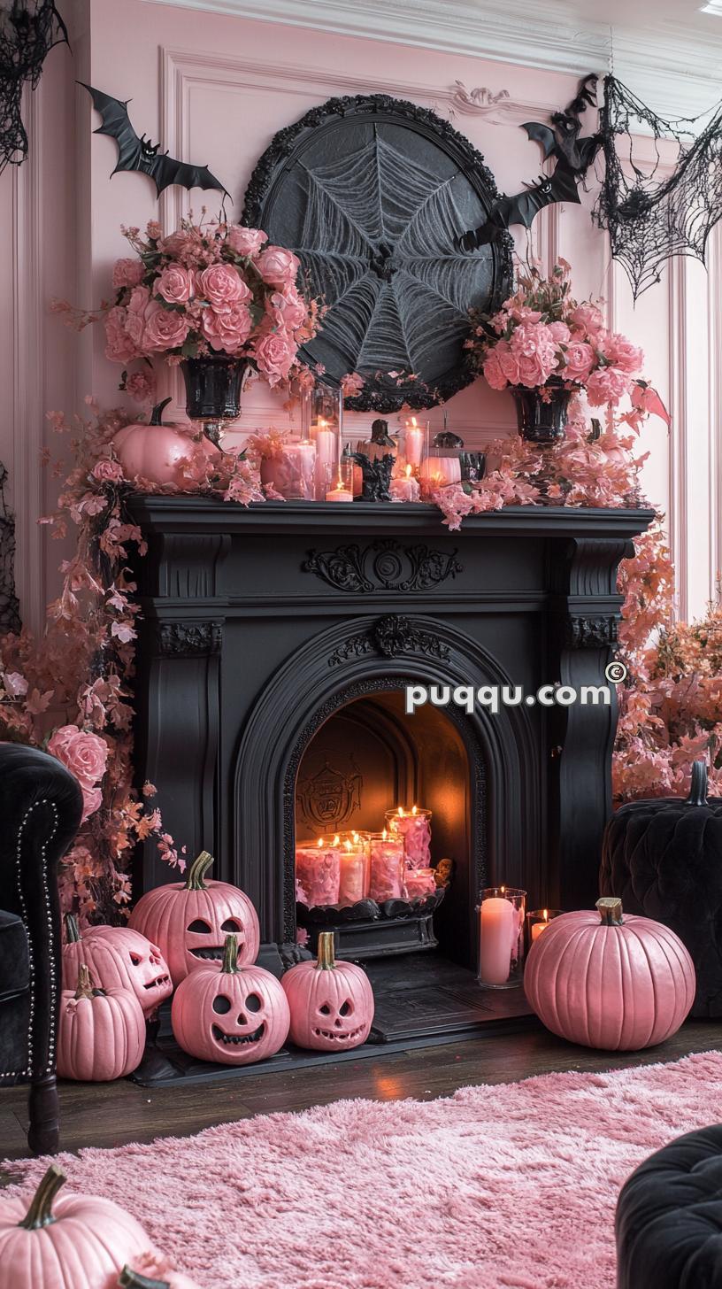 Gothic-themed Halloween fireplace adorned with pink pumpkins, pink flowers, black decorations, candles, and bat cutouts, with a large spiderweb decoration above.