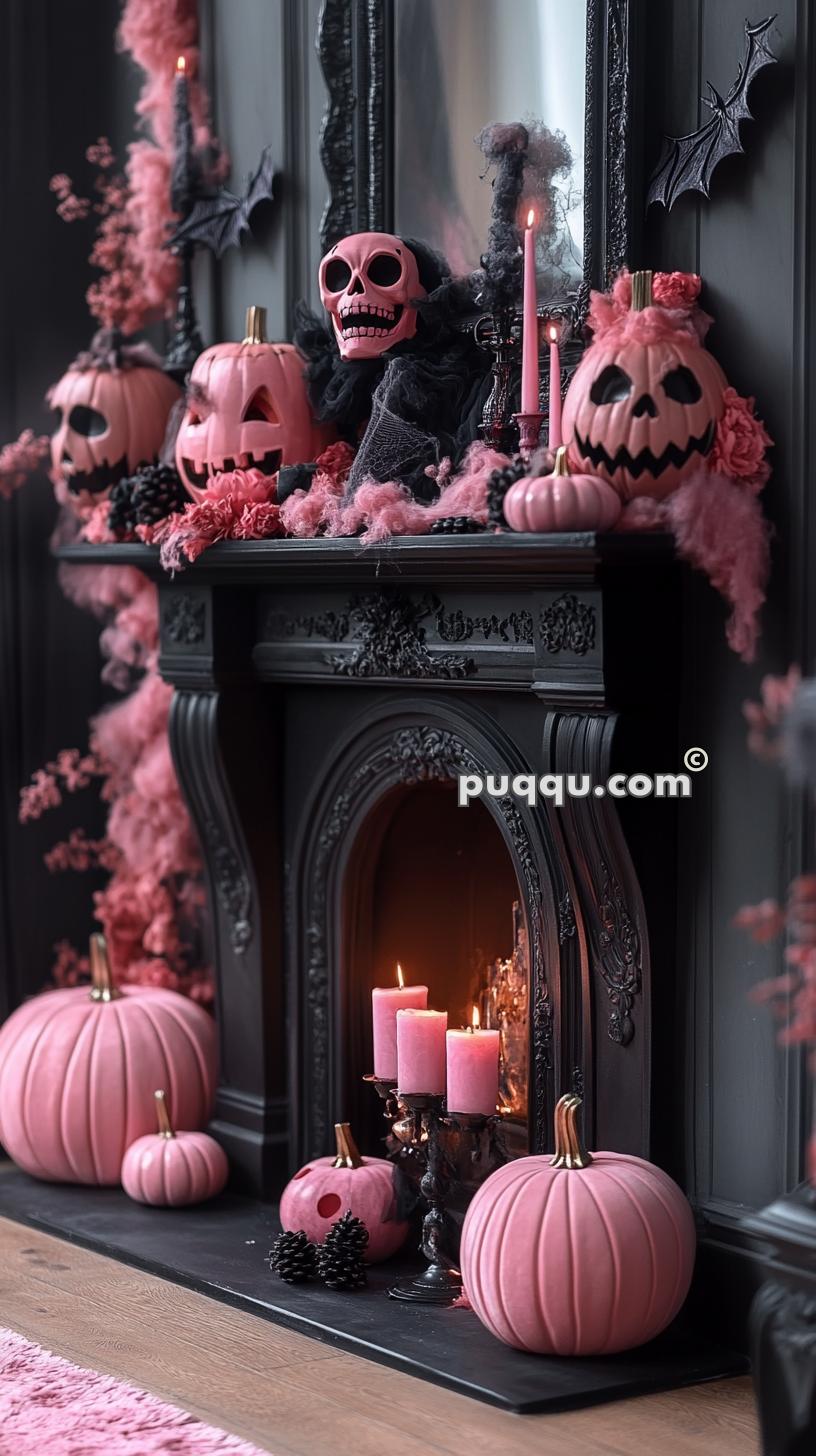 Decorated black fireplace with pink Halloween decorations including pumpkins, skulls, candles, and faux cobwebs.