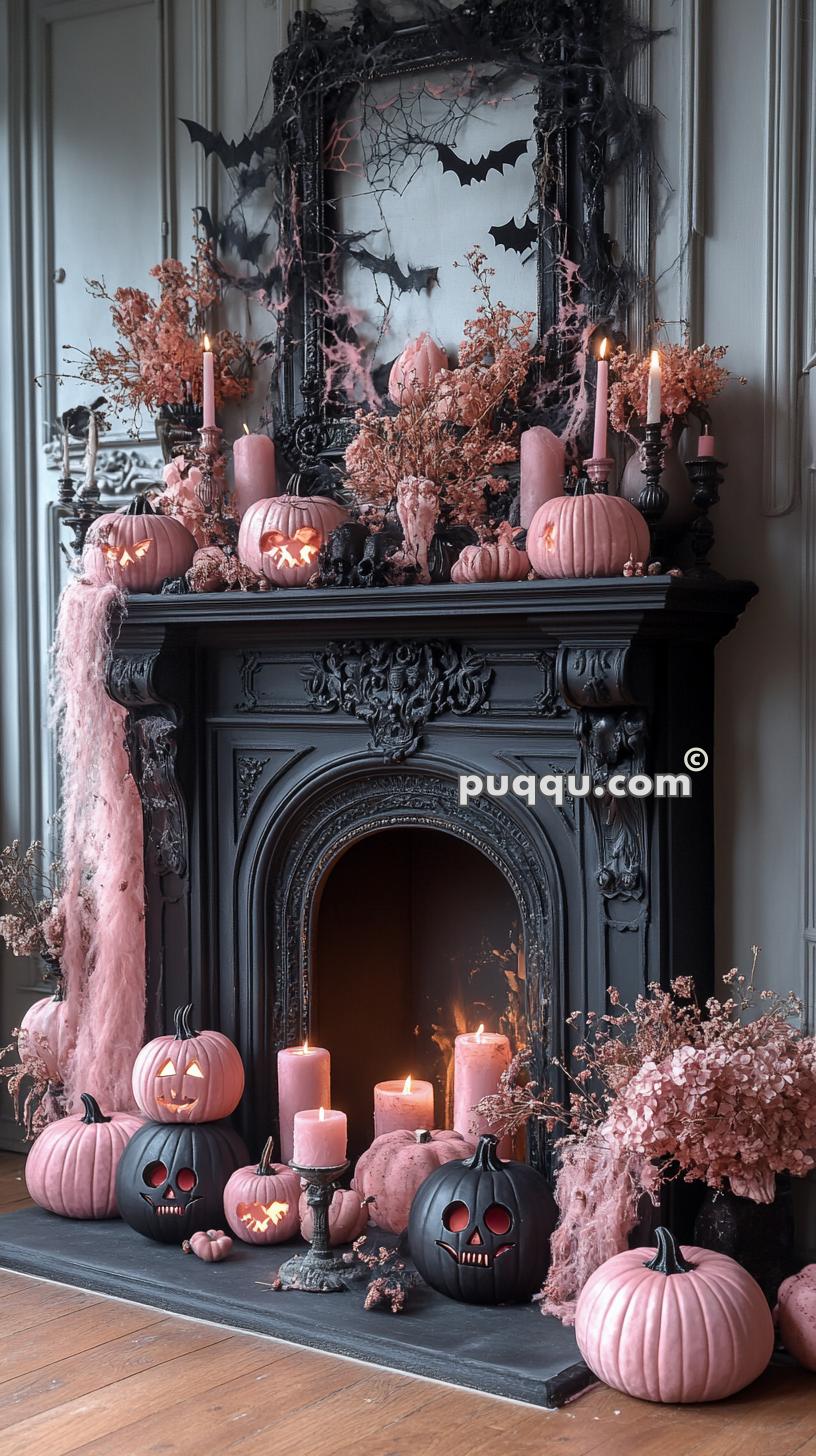 Ornately decorated black fireplace with pink and black jack-o'-lanterns, pink candles, dried flowers, and bats in the background.