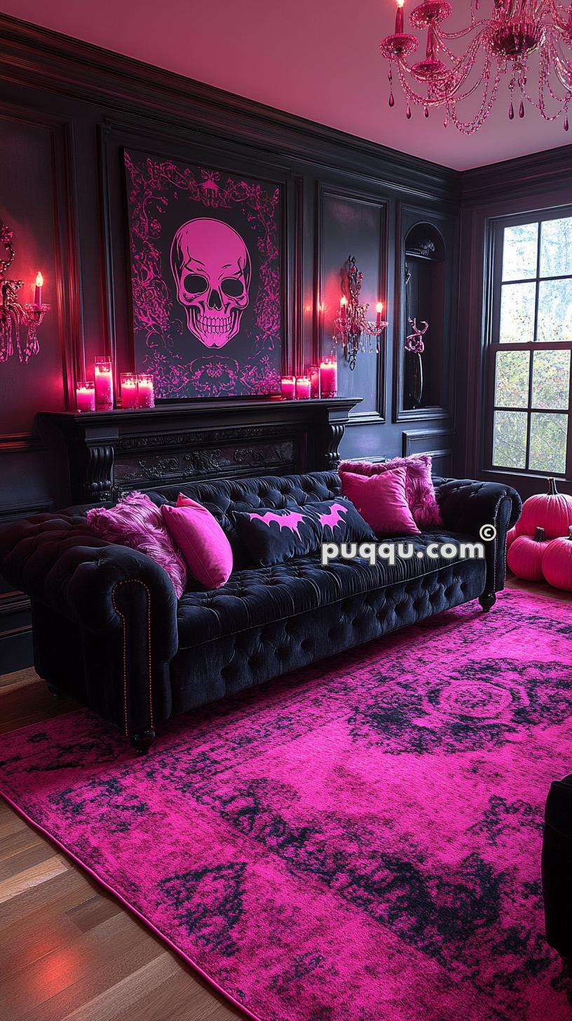 A gothic-themed living room with a black sofa adorned with pink and black bat pillows, pink and black decor, a large skull artwork above the fireplace, and pink candles. The room features a pink chandelier, dark walls, and a bright pink rug with black patterns.