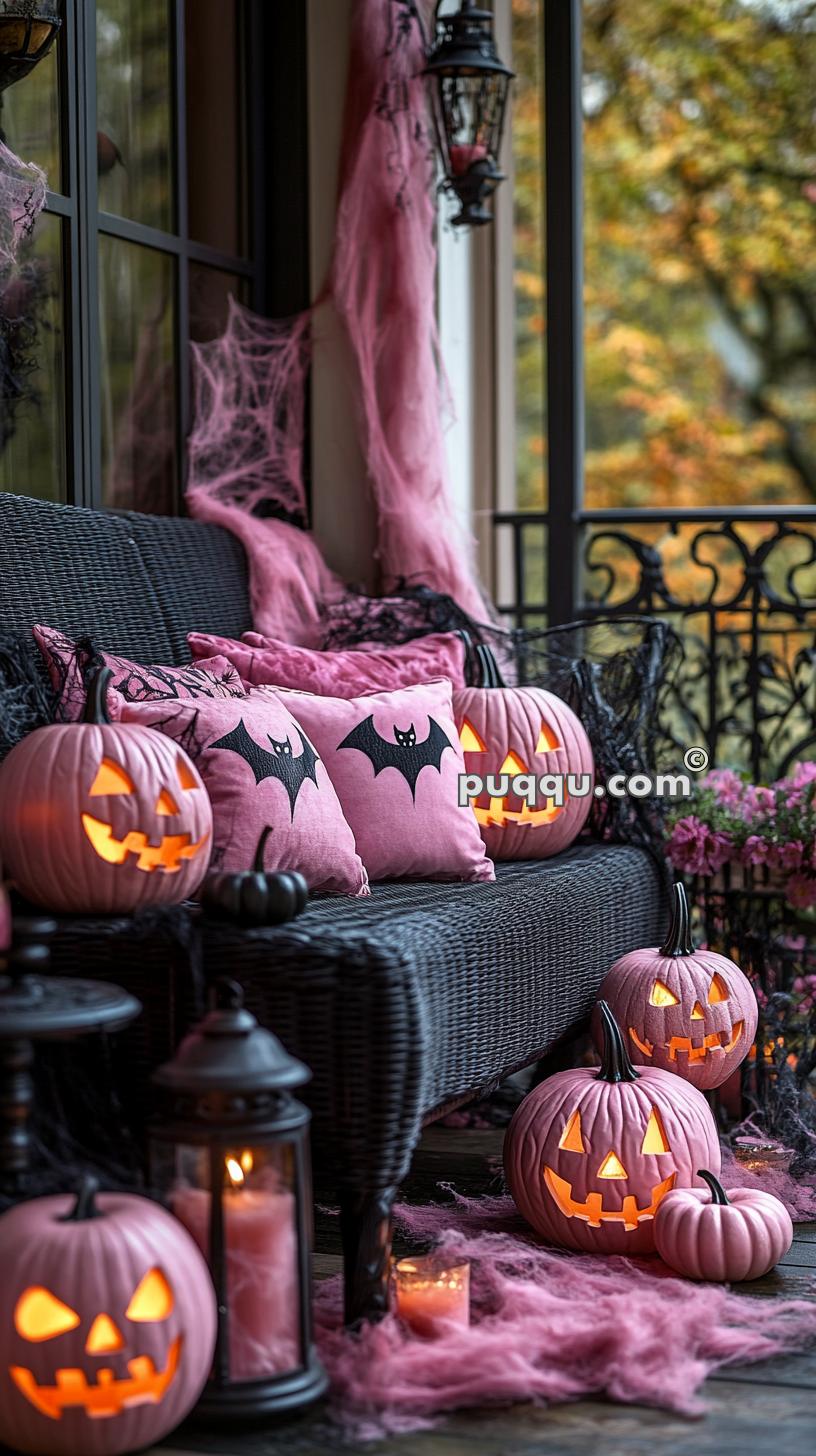 Halloween-themed porch with pink jack-o'-lanterns, black lanterns, pink bat pillows, and pink spider web decorations.