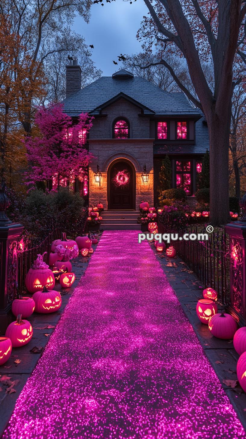 House with a pink-lit pathway and jack-o'-lanterns lined up on both sides, surrounded by trees and decorated for Halloween.
