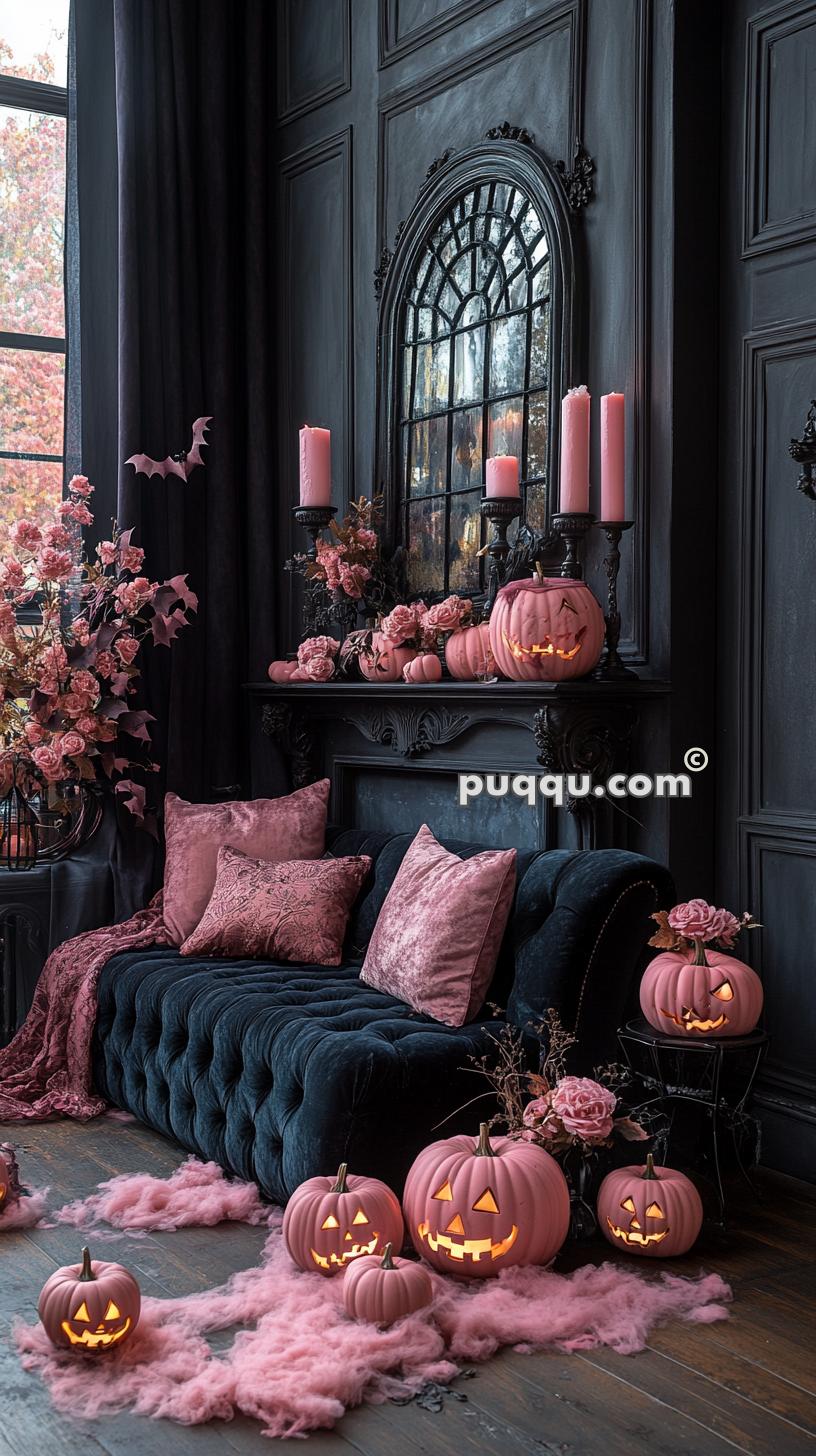 Elegant dark-themed living room with black sofa, pink cushions, and decorations including pink Jack-o'-lanterns, flowers, candles, and a bat.