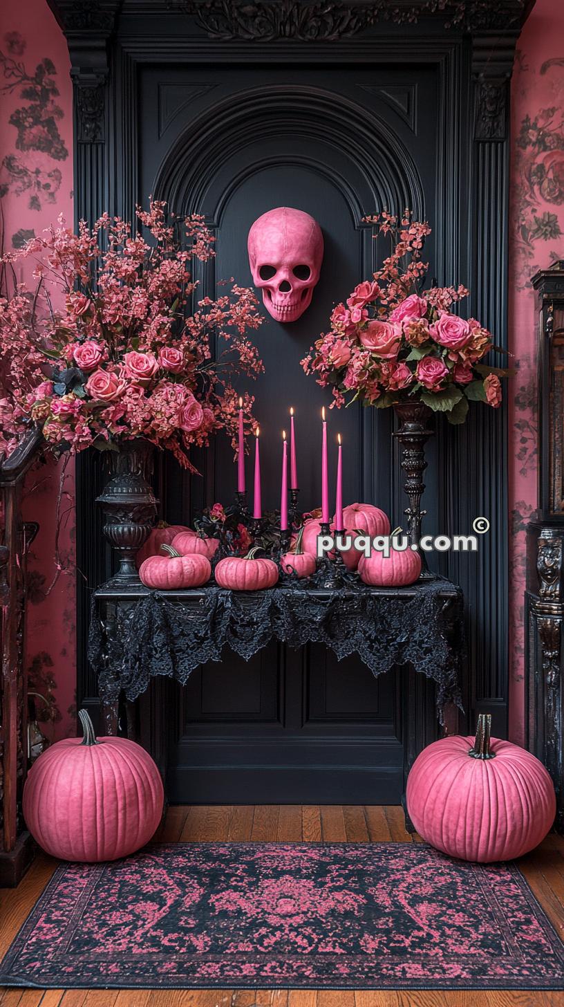 Halloween-themed decor featuring pink pumpkins, pink flowers, black lace, pink candles on a black table, and a pink skull mounted on a black wall.