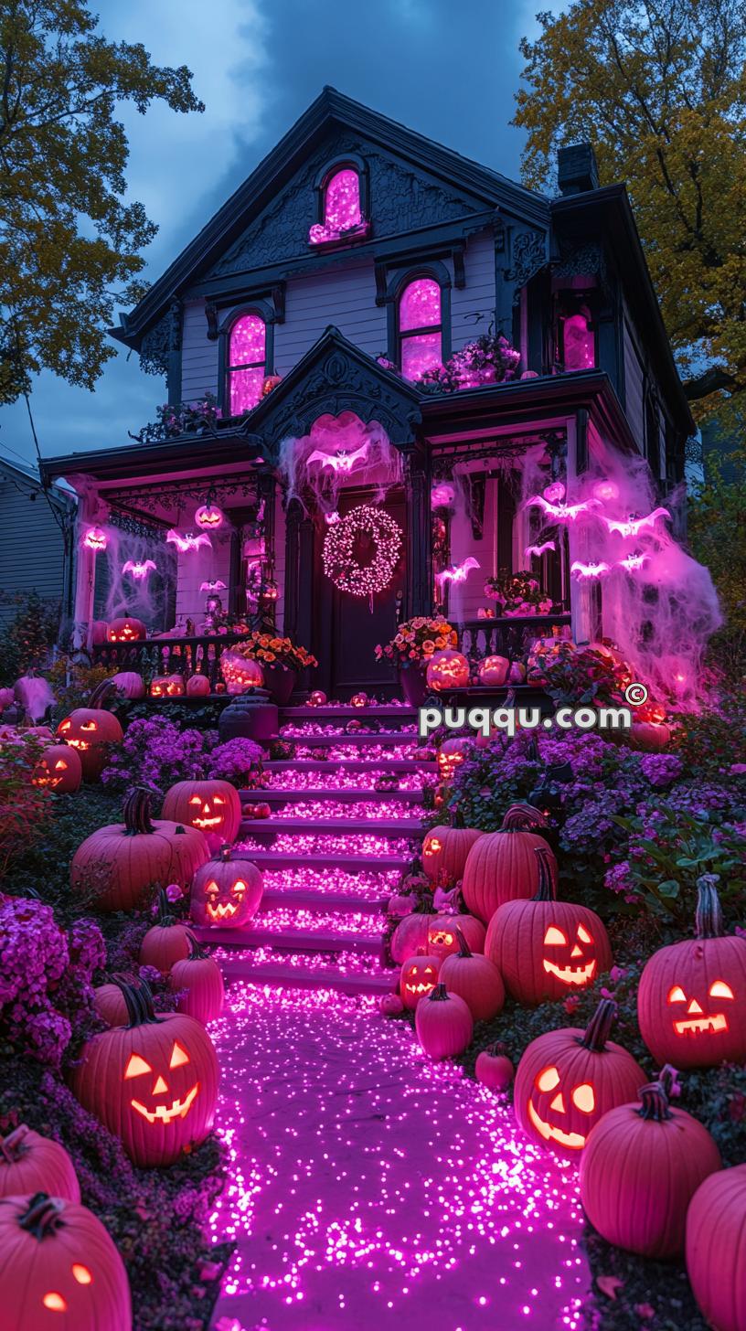 A house decorated for Halloween with numerous carved pumpkins and glowing purple lights, cobwebs, and lighted bats. The entire scene is illuminated with a purple hue.