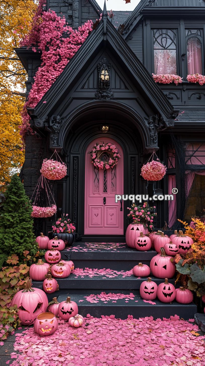 Victorian-style house with a black facade, pink door, pink hanging baskets, and pink jack-o'-lanterns decorating the steps, surrounded by pink foliage and autumn leaves.