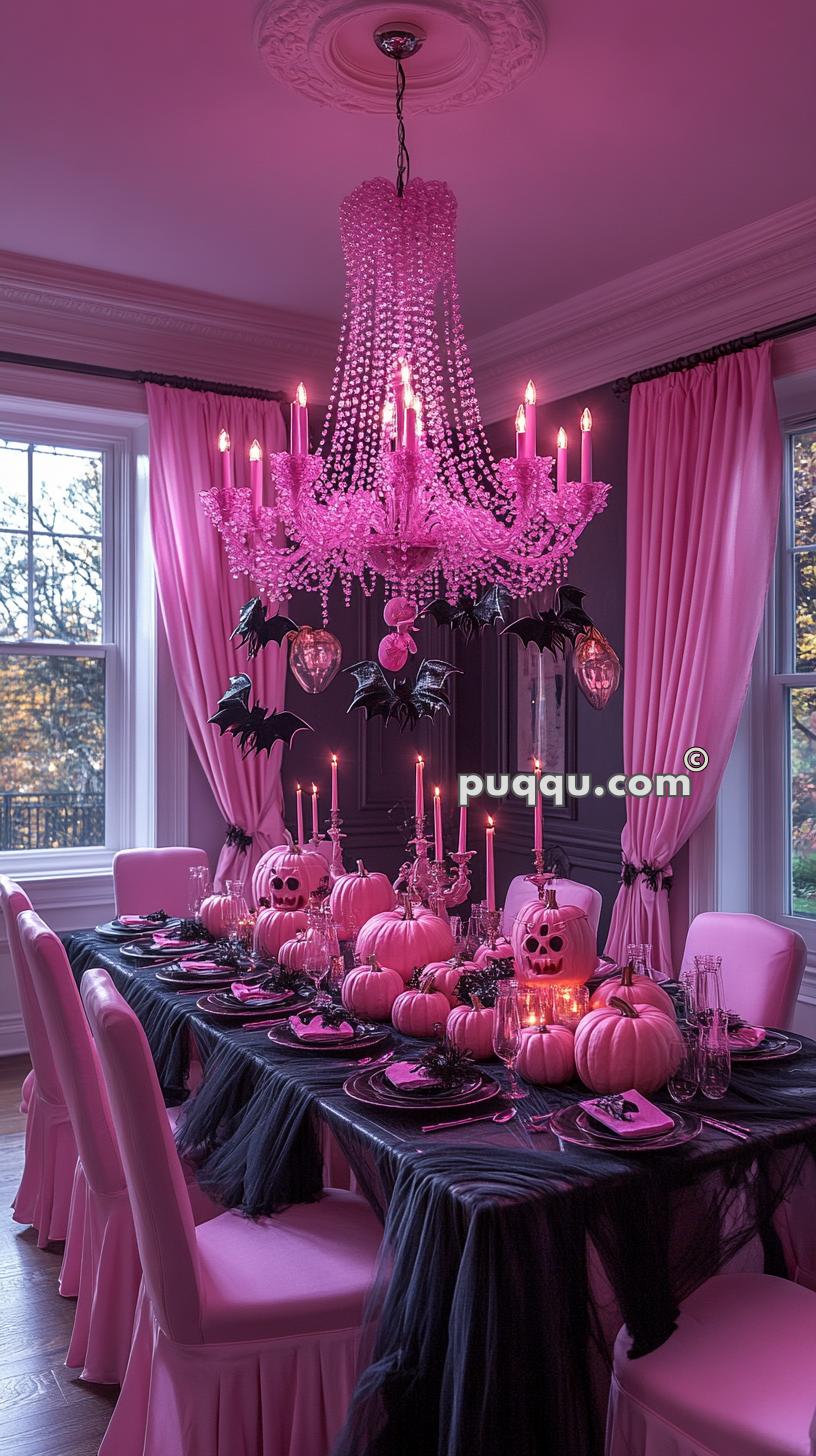 Fancily decorated pink dining room for Halloween with a black tablecloth, pink pumpkins, black bats, pink candles, and a pink chandelier.