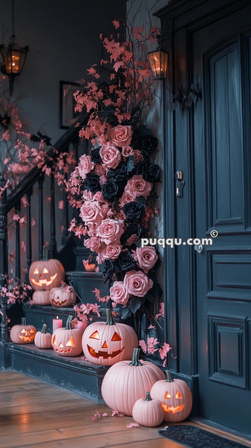 Halloween-themed porch with pink and black roses, pink pumpkins, and lanterns.