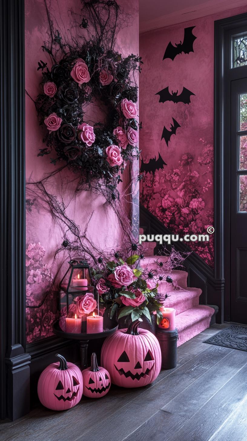 A staircase decorated for Halloween with pink elements, including pink jack-o'-lanterns, pink roses, black bats, spider webs, and candles.