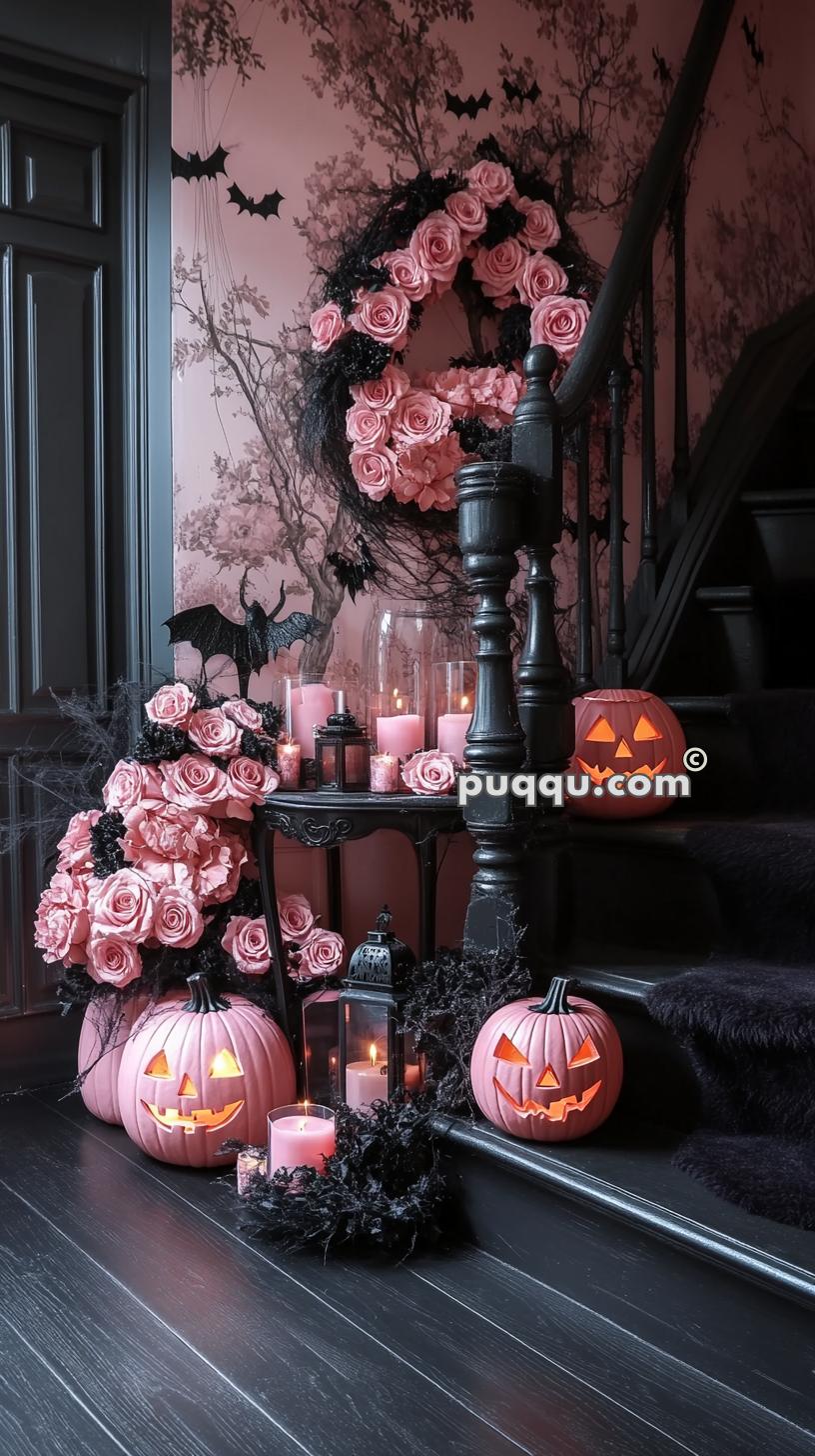 Staircase and entryway decorated with pink pumpkins, black candle lanterns, candles, black wreaths with pink roses, and black bat wall decals, creating a chic Halloween theme.