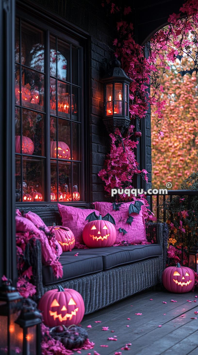 A porch is decorated for Halloween with glowing jack-o'-lanterns, pink leafy vines, and cozy seating with pink cushions adorned with black bat motifs.