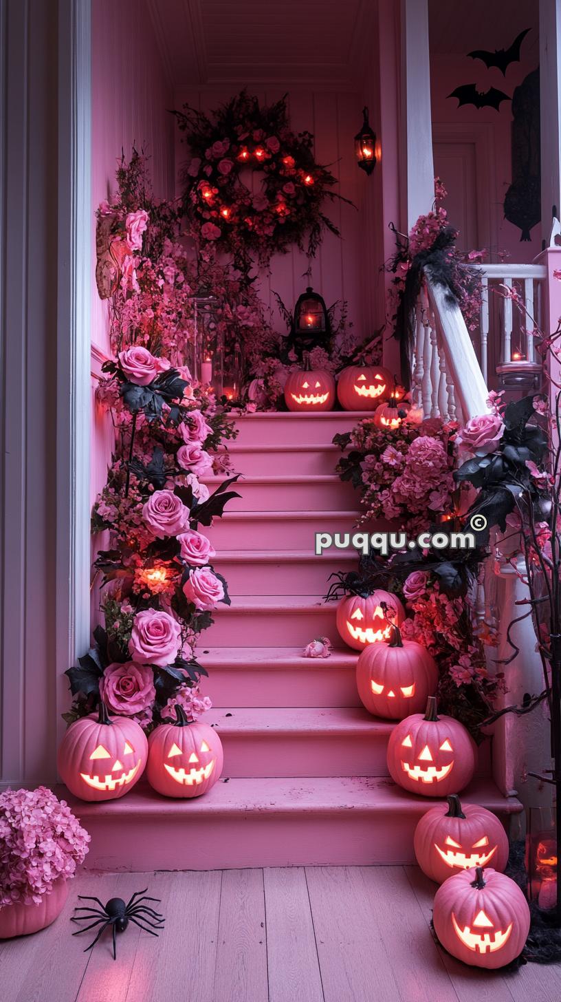 Pink-themed Halloween staircase decorated with carved pumpkins, pink roses, flowers, and lanterns, with black bats on the walls and a large black spider on the floor.