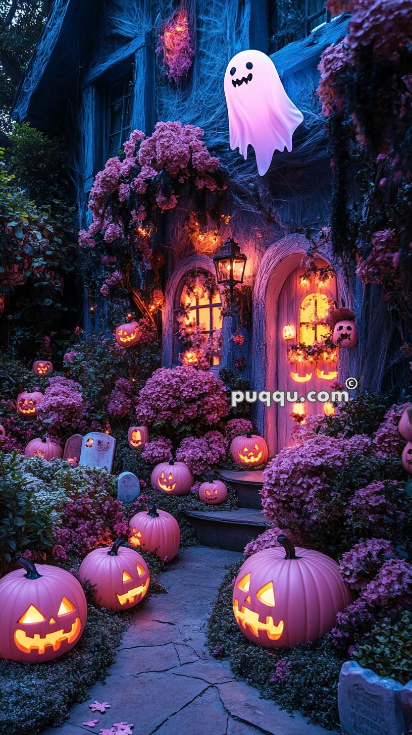A spooky Halloween scene with a house decorated with illuminated jack-o'-lanterns, pink flowers, spider webs, and a floating ghost decoration.