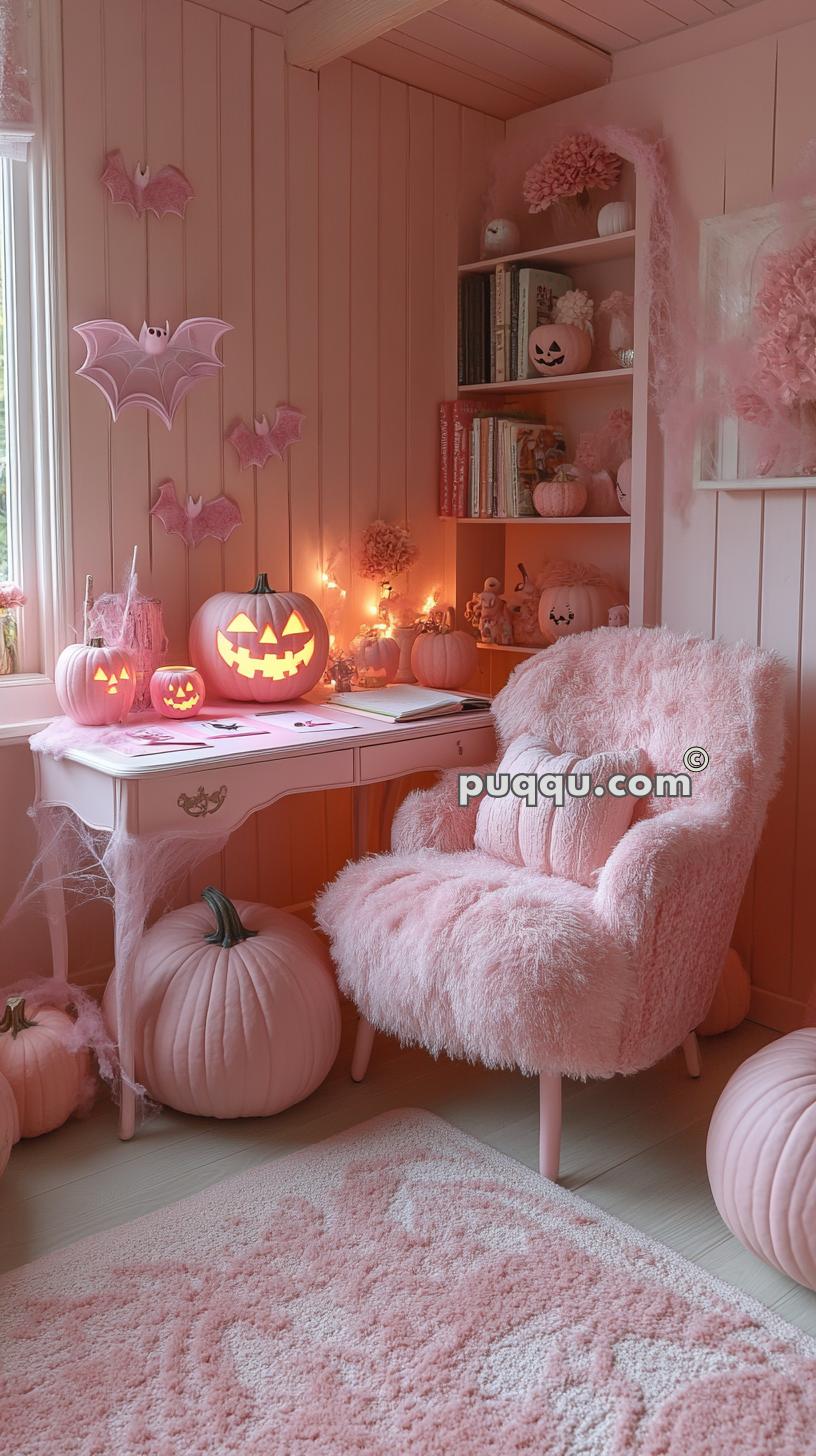 A pink-themed room decorated for Halloween with carved pumpkins, pink bats on the wall, and a desk with Halloween decor items. The room features a plush pink chair and bookshelves.