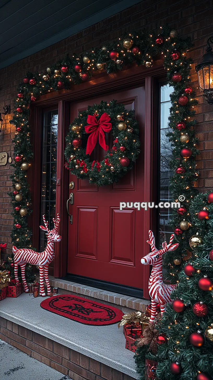 Festive front door decorated with a wreath and garland adorned with red and gold ornaments and lights, flanked by candy cane reindeer figures and holiday presents on the doorstep.