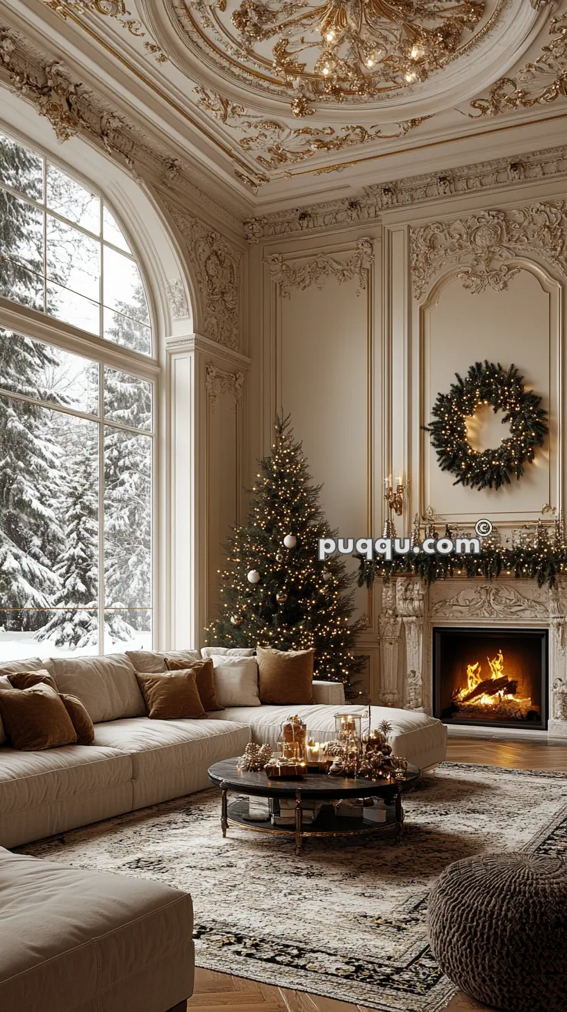 Elegant living room with ornate ceiling, large arched window showing snowy trees, Christmas tree by a fireplace, and plush couches with a central coffee table.