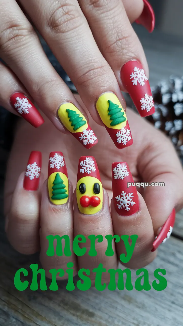 Red Christmas-themed nail art with snowflakes, green trees on yellow backgrounds, and a smiley face on the nails. "Merry Christmas" text in green at the bottom.