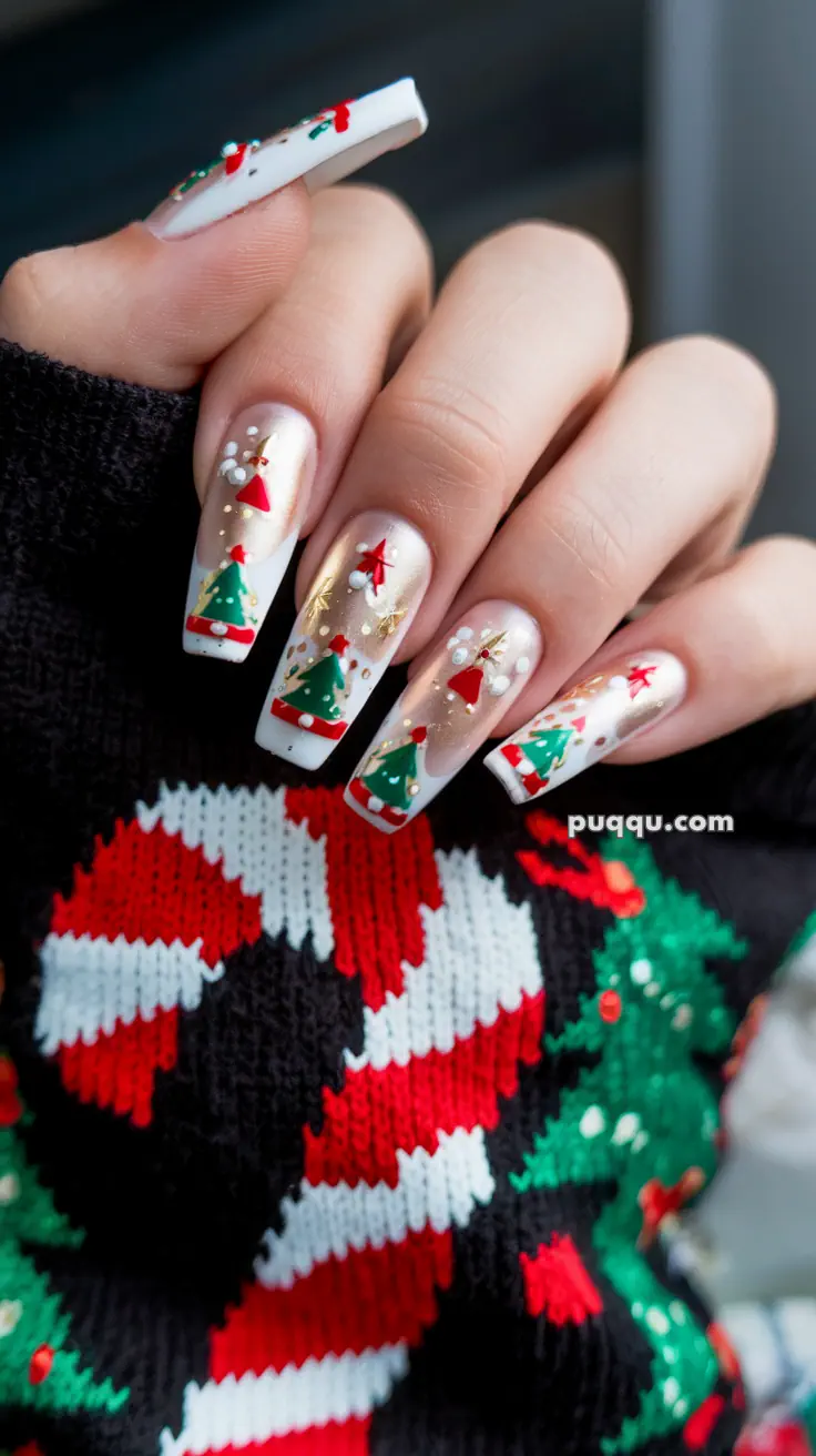 Hand with Christmas-themed nail art featuring trees and ornaments, holding a knitted sweater with holiday patterns.